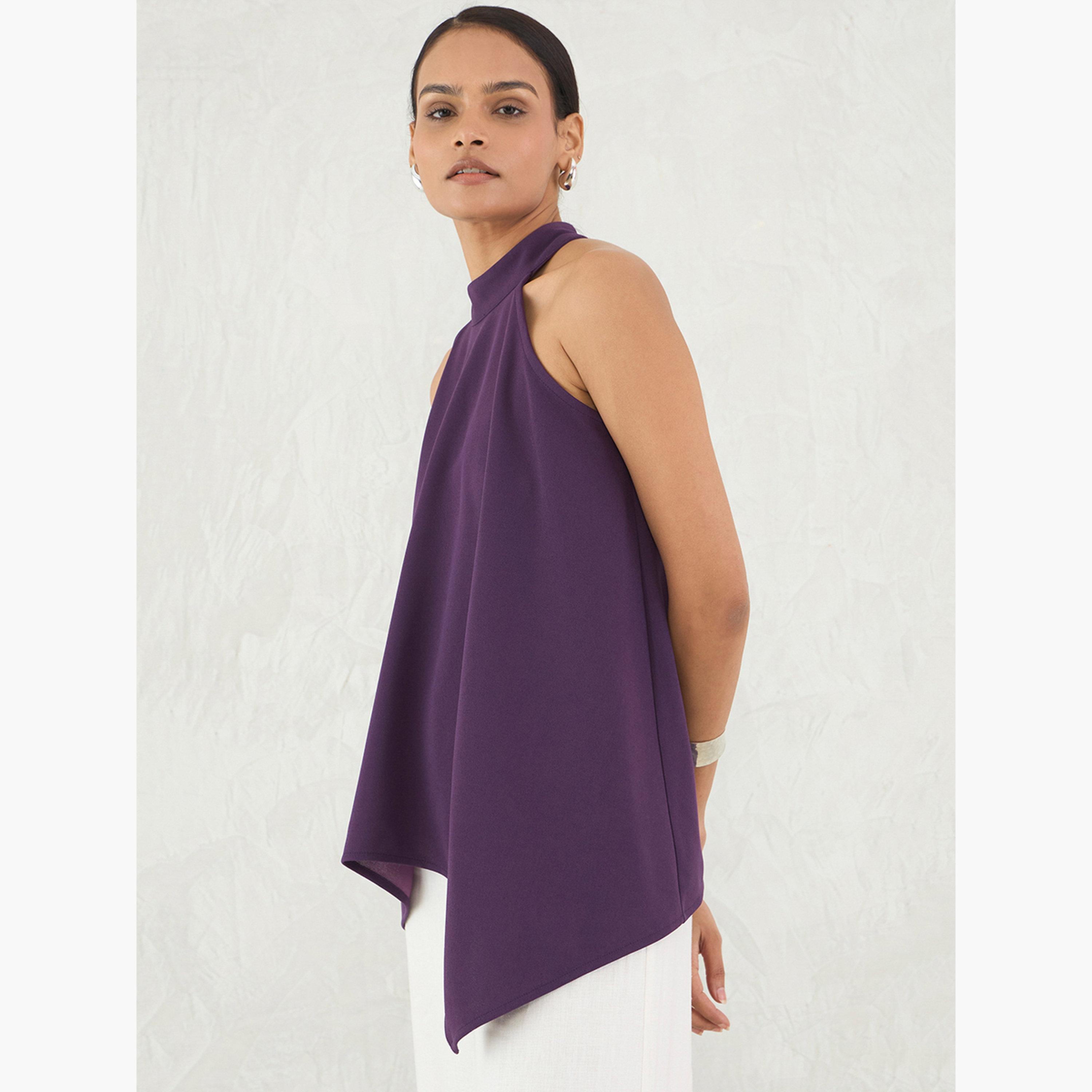 فيميلا - بلوزة أرجوانية داكنة ياقة تعليق وحافة غير متماثلة-women-clothing-shirtsandblouses-blouses-image-4