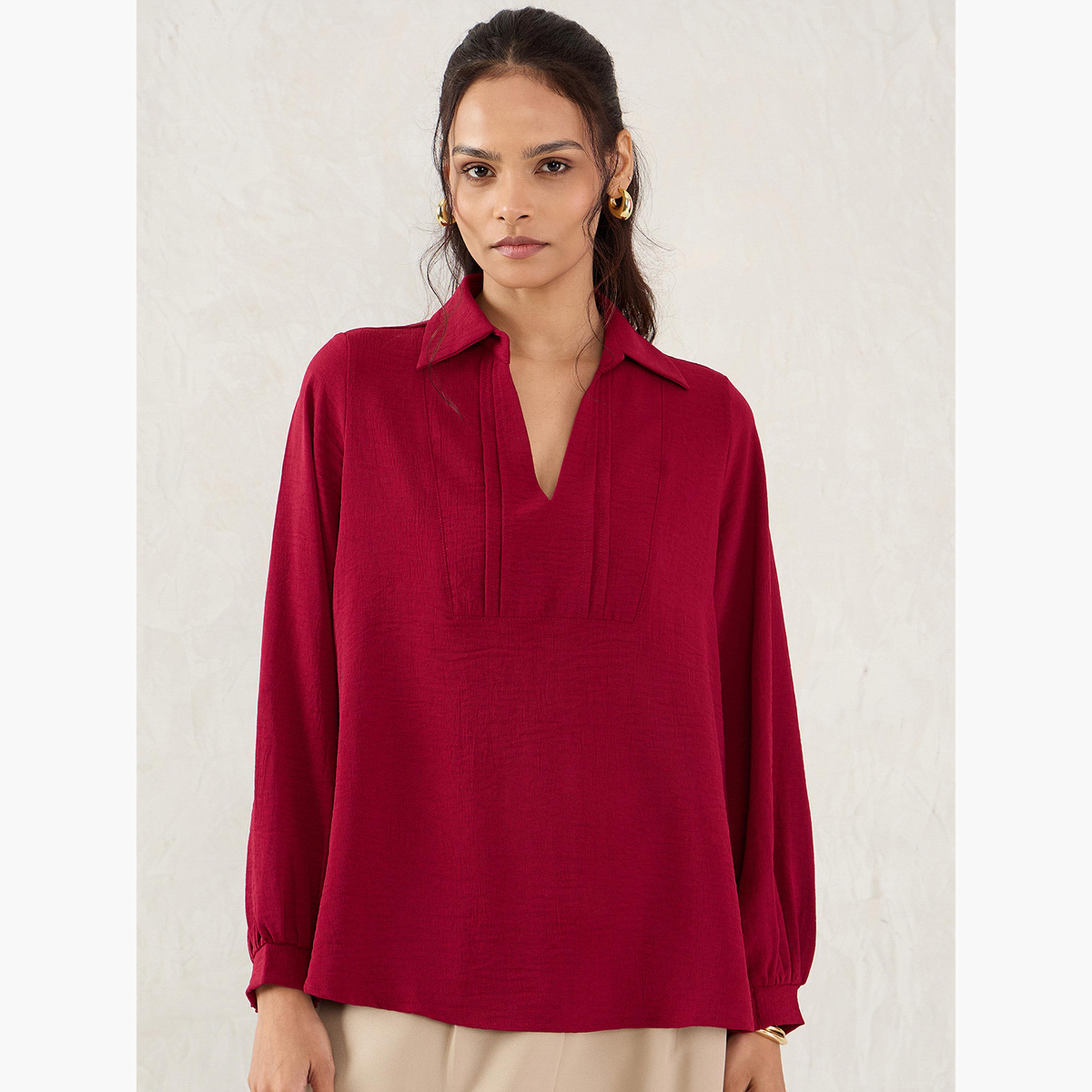 Femmella Maroon Collared Top with 3/4 Sleeves-women-clothing-shirtsandblouses-blouses-image-1