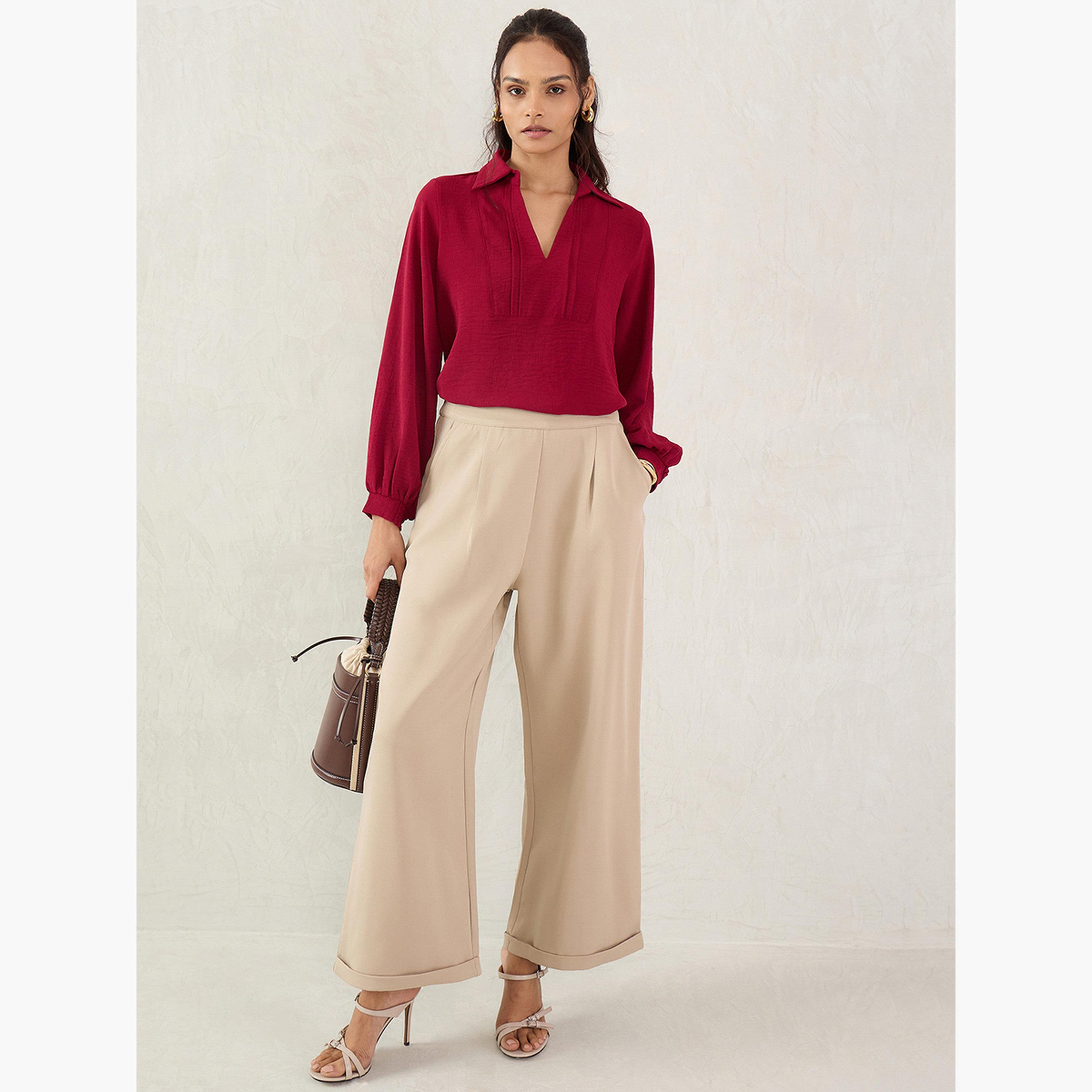 Femmella Maroon Collared Top with 3/4 Sleeves-women-clothing-shirtsandblouses-blouses-image-2
