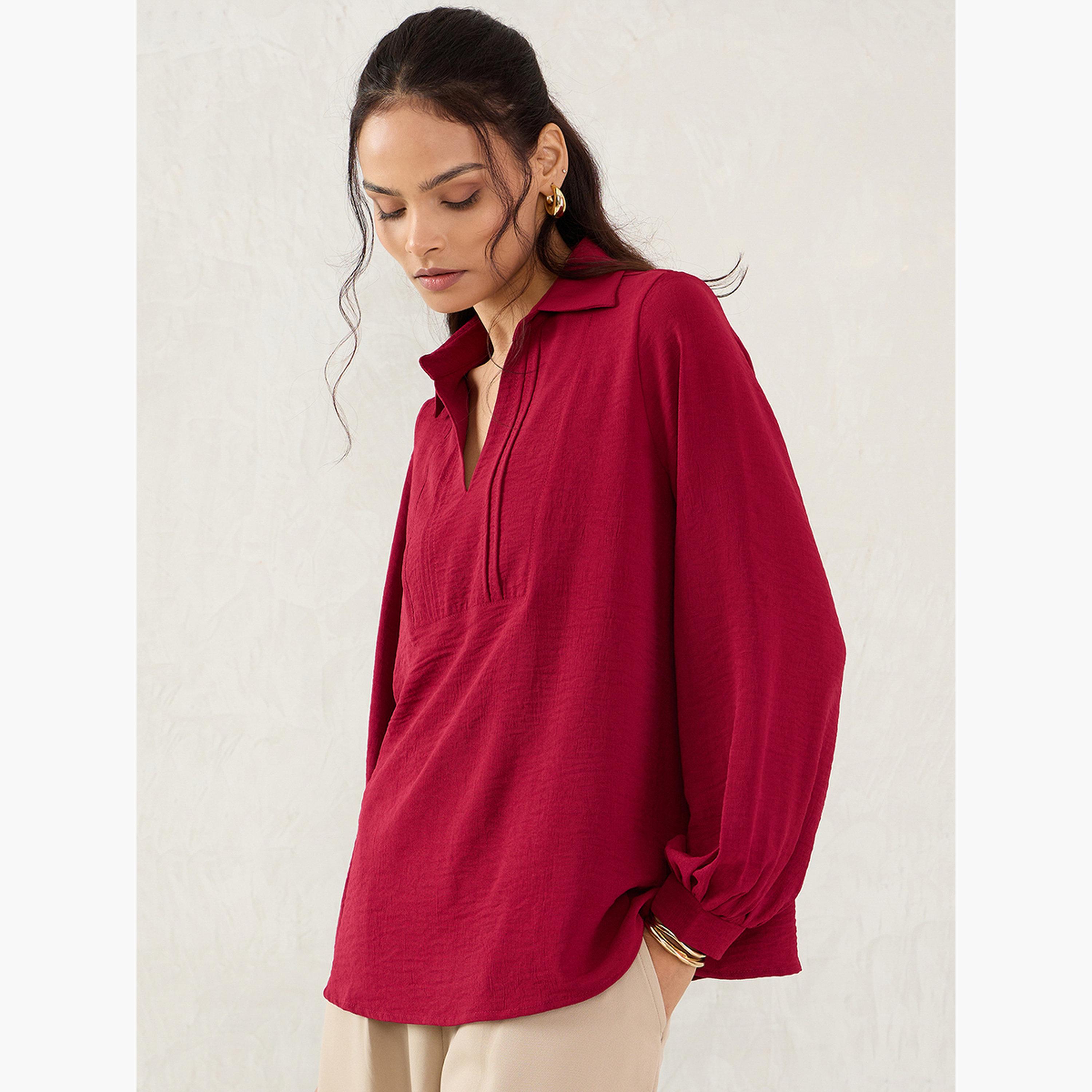 Femmella Maroon Collared Top with 3/4 Sleeves-women-clothing-shirtsandblouses-blouses-image-3