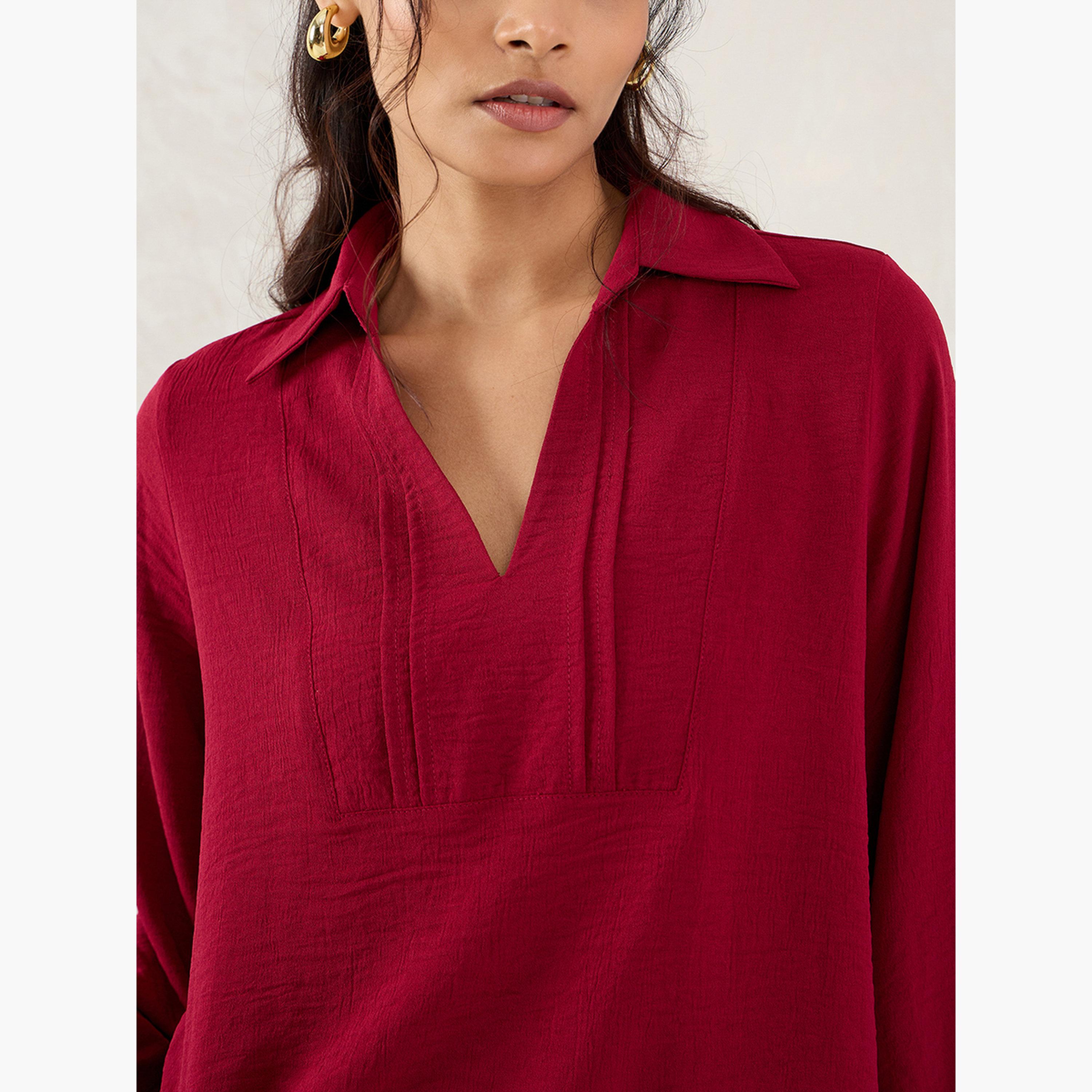 Femmella Maroon Collared Top with 3/4 Sleeves-women-clothing-shirtsandblouses-blouses-image-4