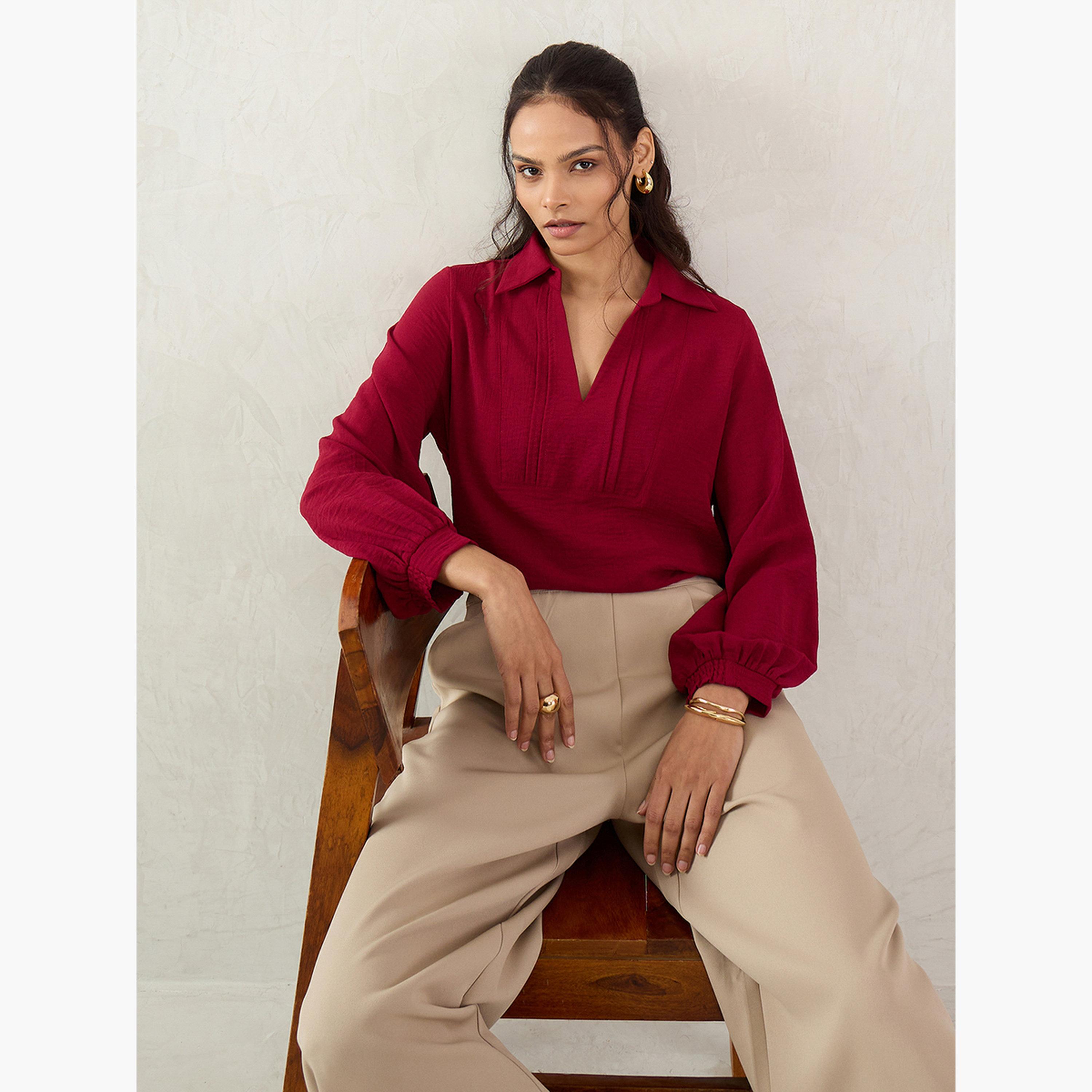 Femmella Maroon Collared Top with 3/4 Sleeves-women-clothing-shirtsandblouses-blouses-image-5