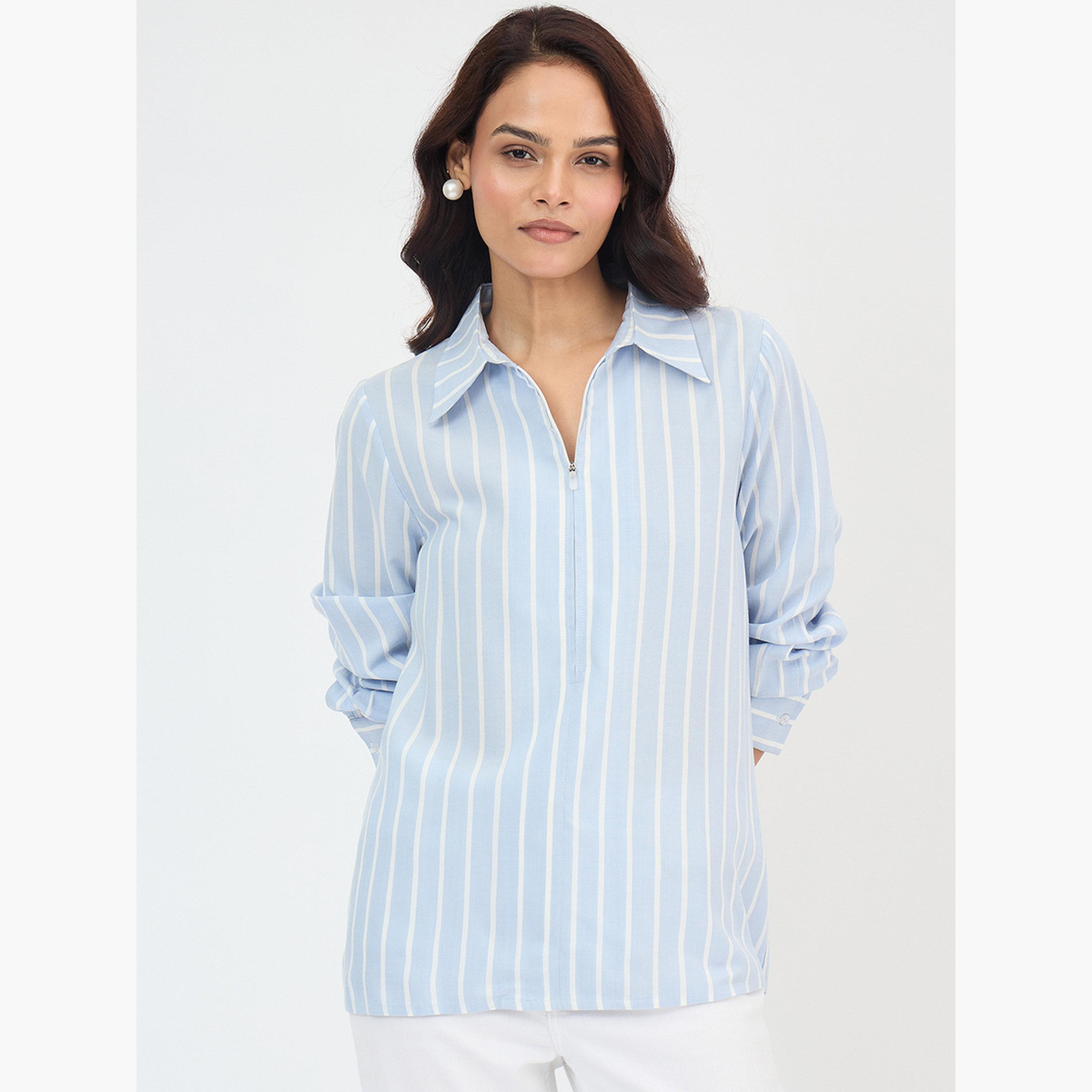 فيميلا - قميص مخطط لون أزرق بأكمام طويلة-women-clothing-shirtsandblouses-shirts-image-1