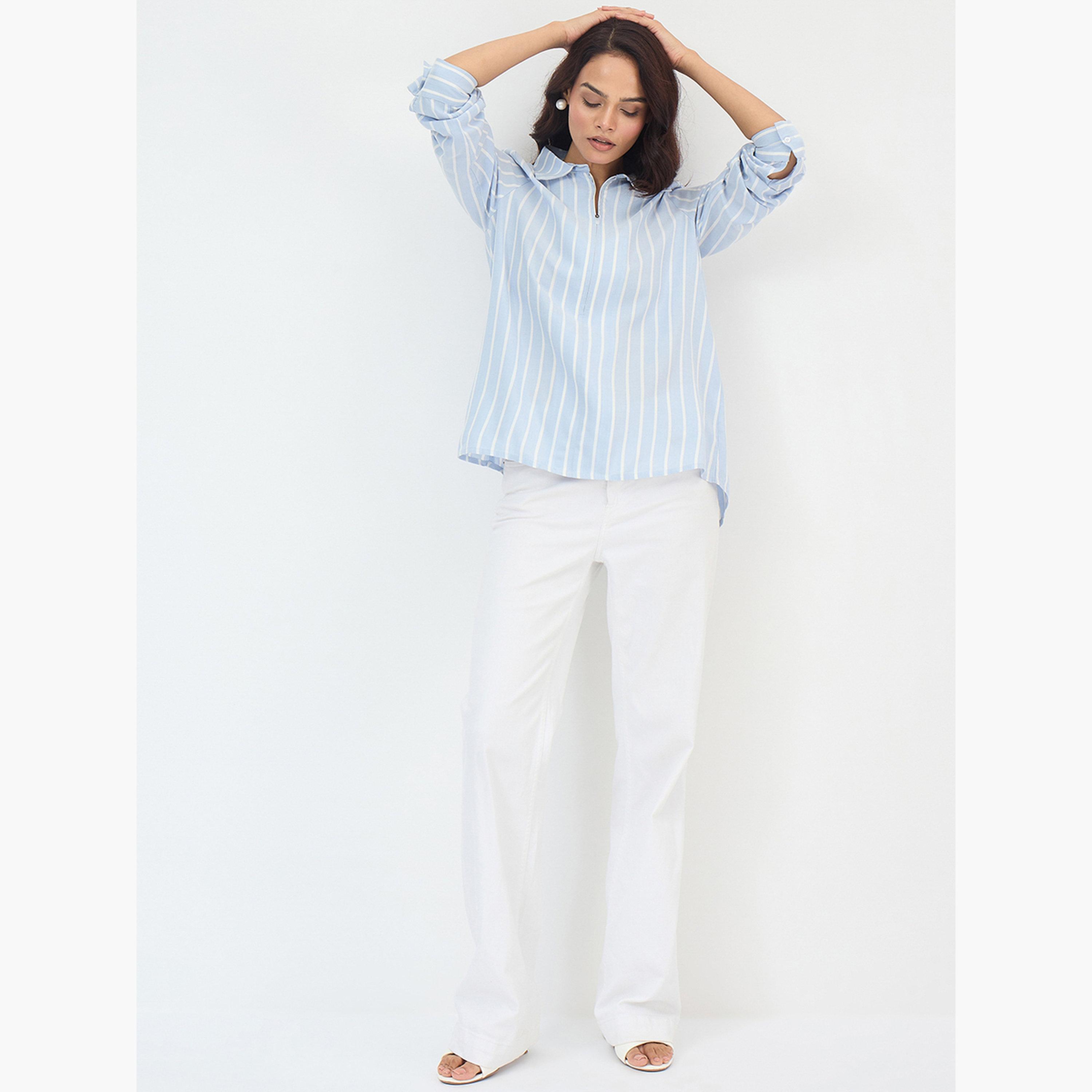 فيميلا - قميص مخطط لون أزرق بأكمام طويلة-women-clothing-shirtsandblouses-shirts-image-2