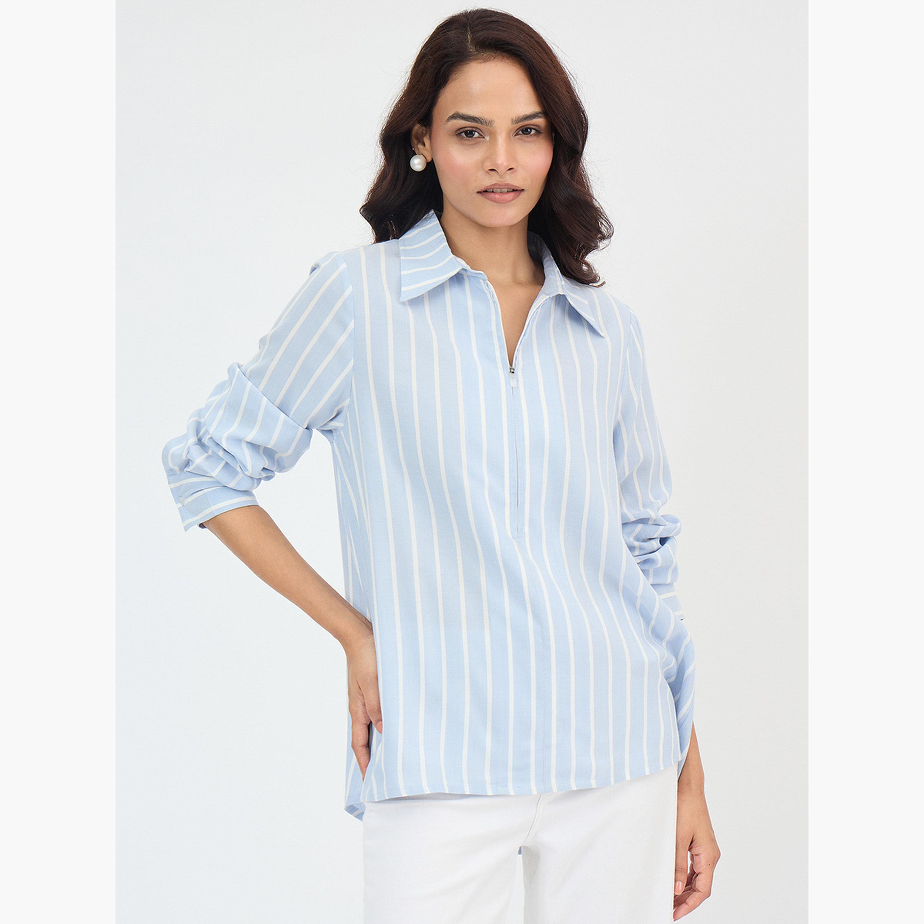 فيميلا - قميص مخطط لون أزرق بأكمام طويلة-women-clothing-shirtsandblouses-shirts-image-3