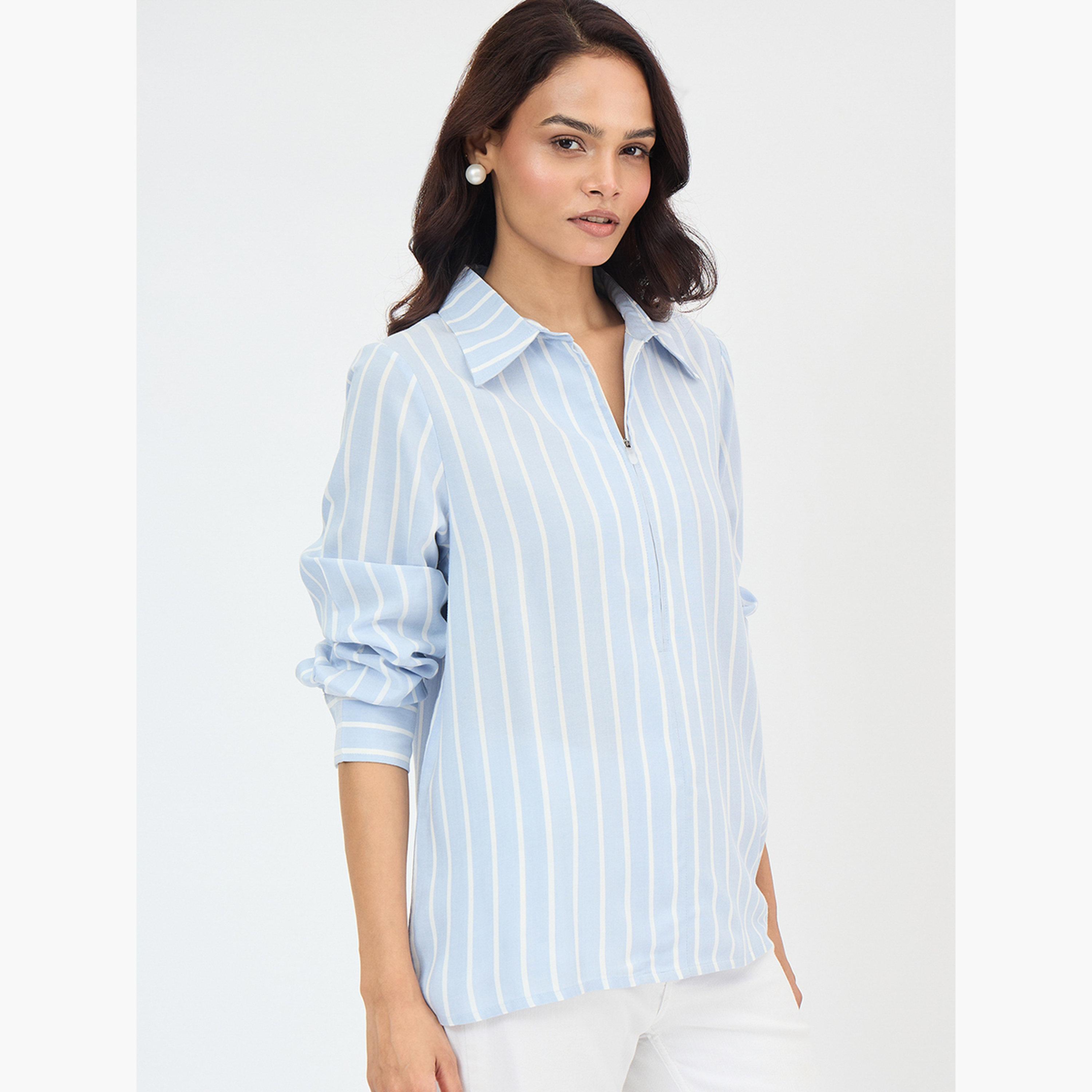 فيميلا - قميص مخطط لون أزرق بأكمام طويلة-women-clothing-shirtsandblouses-shirts-image-4