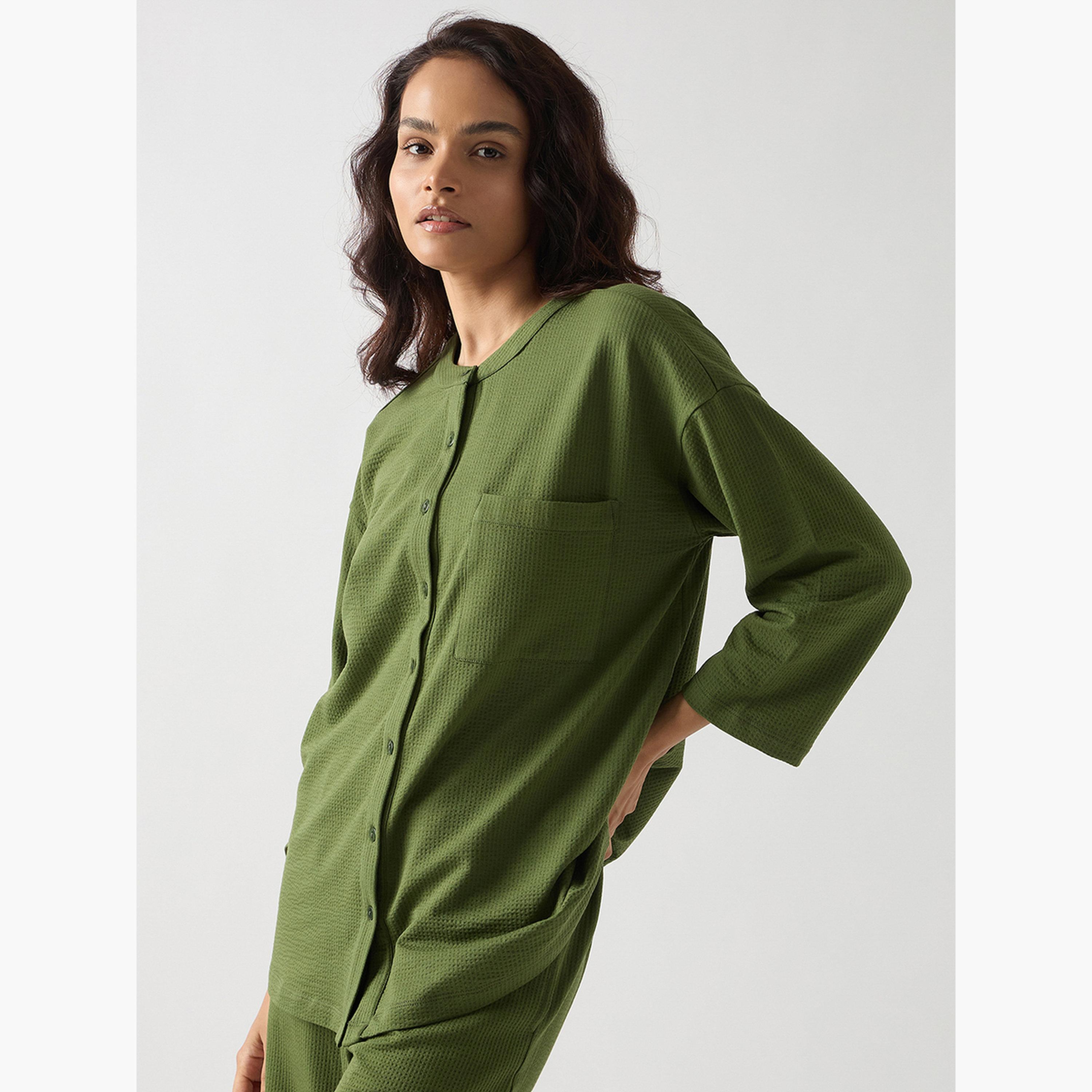 فيميلا - قميص أخضر من القطن المحبوك بأكمام طويلة-women-clothing-shirtsandblouses-shirts-image-1