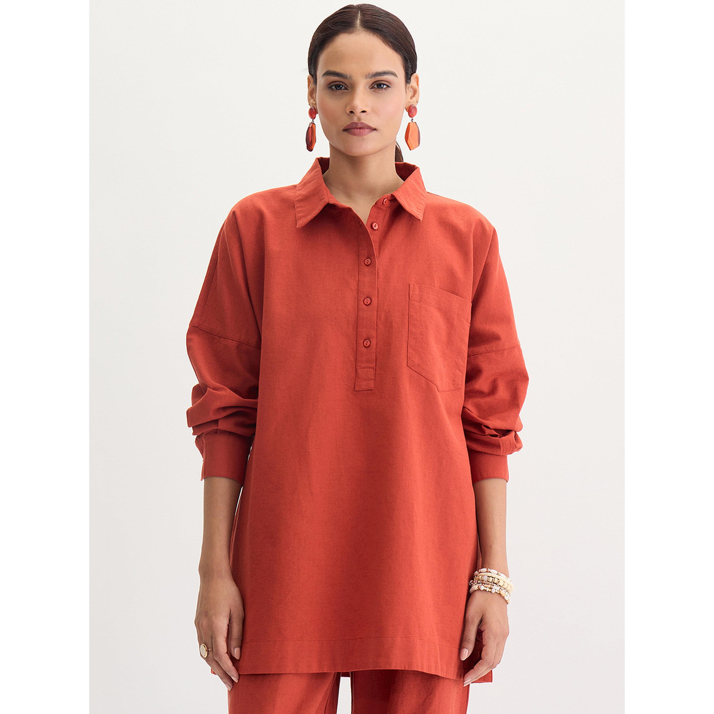 Femmella Rust Cotton Linen Button Detail Tunic-women-clothing-shirtsandblouses-blouses-image-1