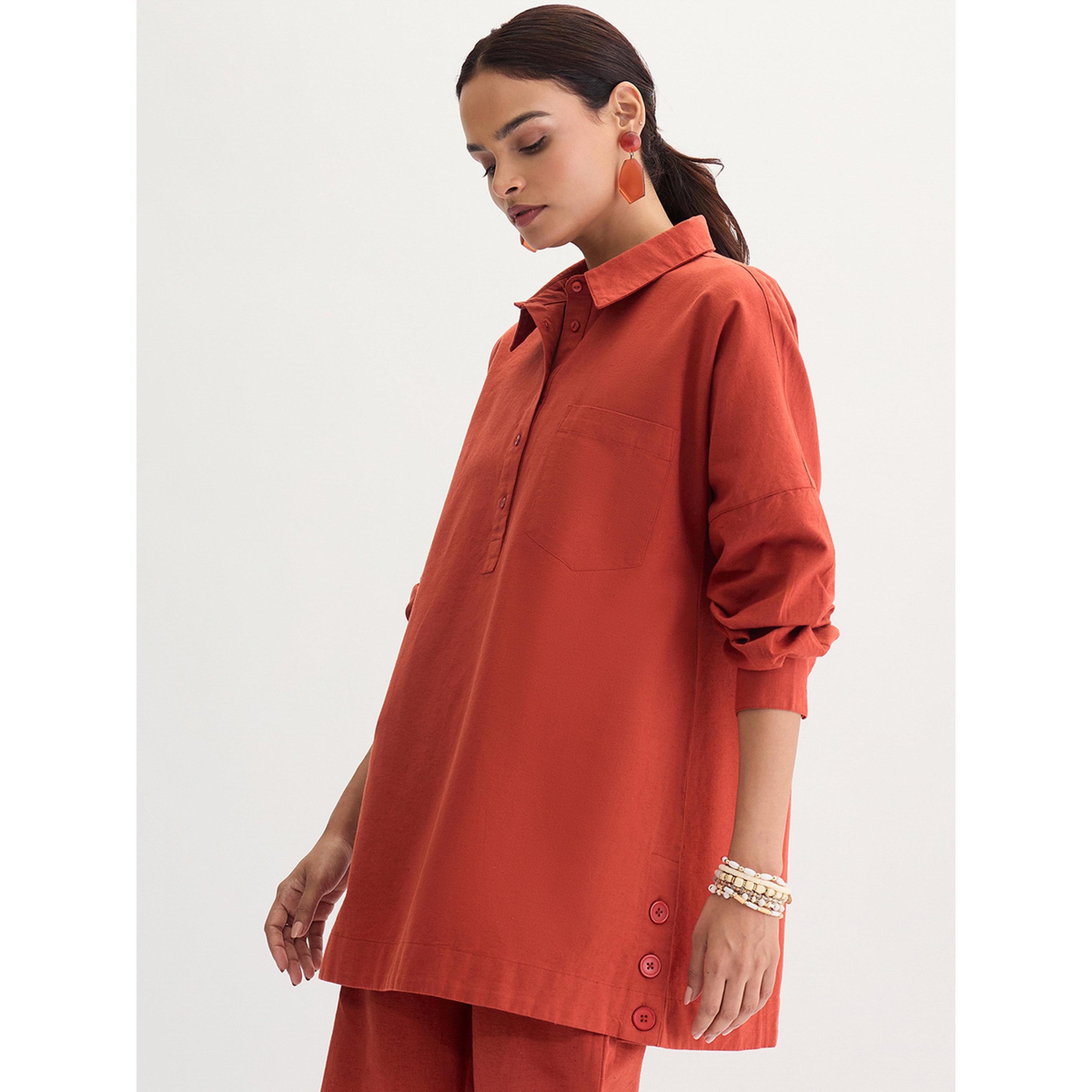 Femmella Rust Cotton Linen Button Detail Tunic-women-clothing-shirtsandblouses-blouses-image-4