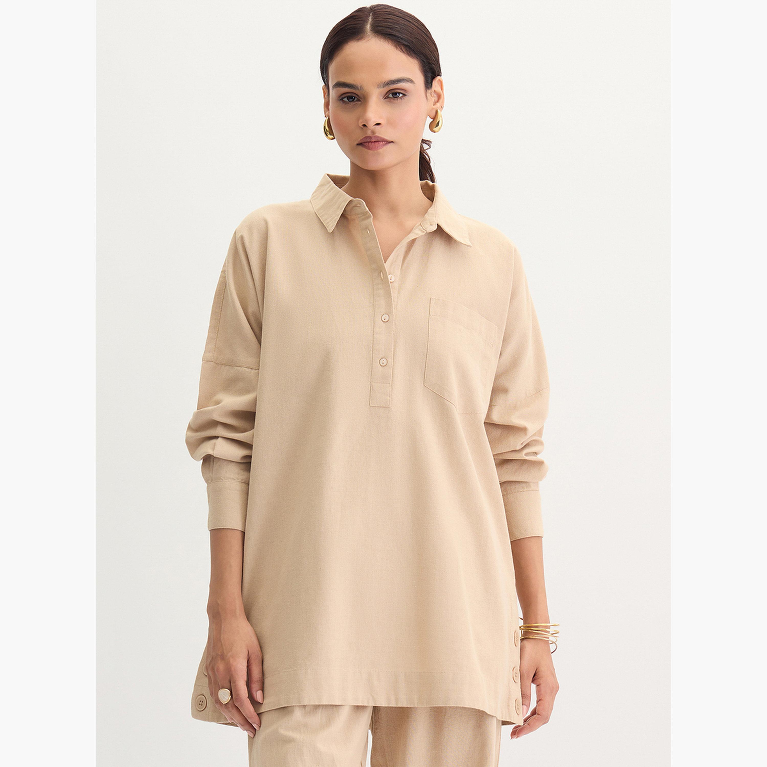 فيميلا - تونيك قطن وكتان بتفاصيل أزرار لون بيج-women-clothing-shirtsandblouses-blouses-image-1