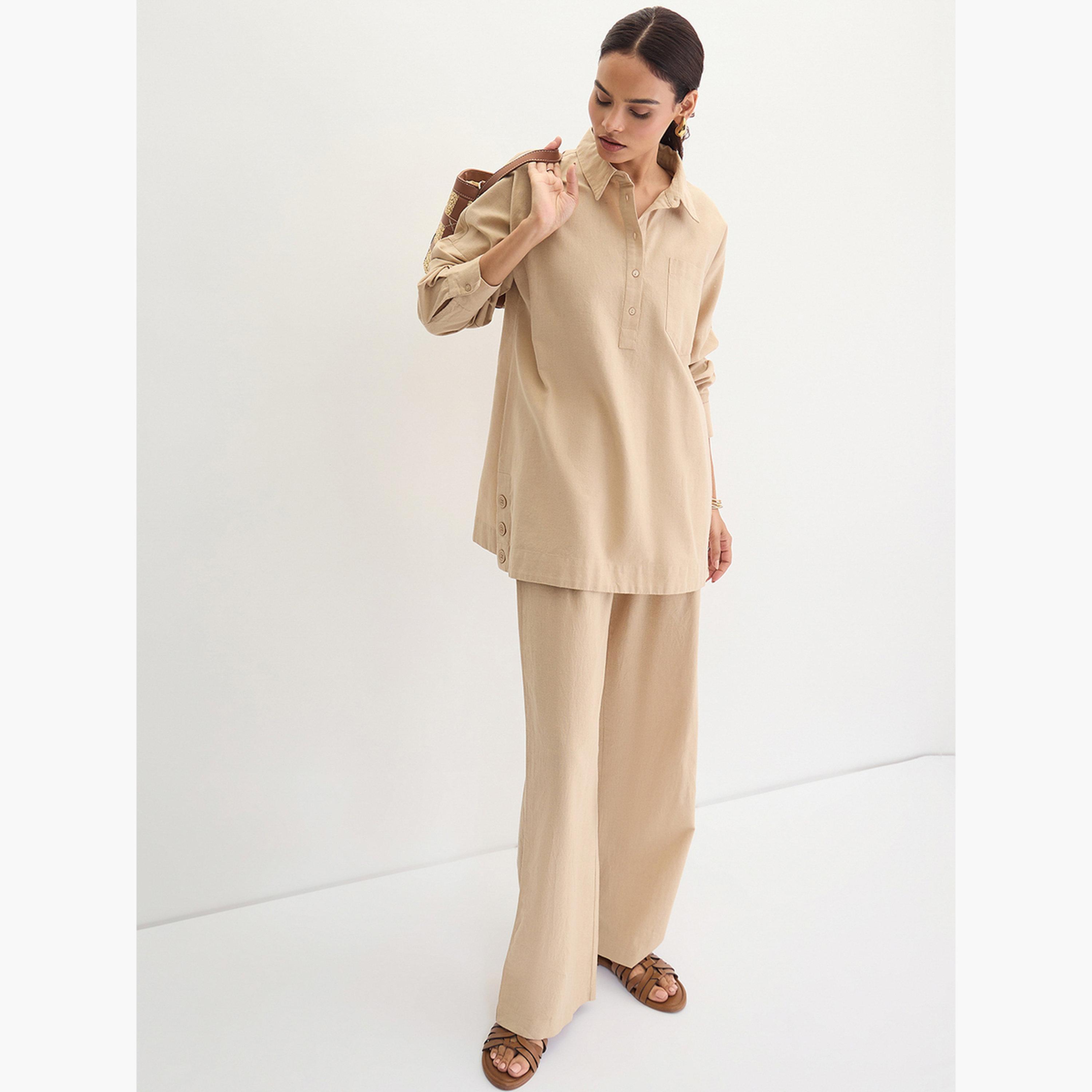 فيميلا - تونيك قطن وكتان بتفاصيل أزرار لون بيج-women-clothing-shirtsandblouses-blouses-image-2