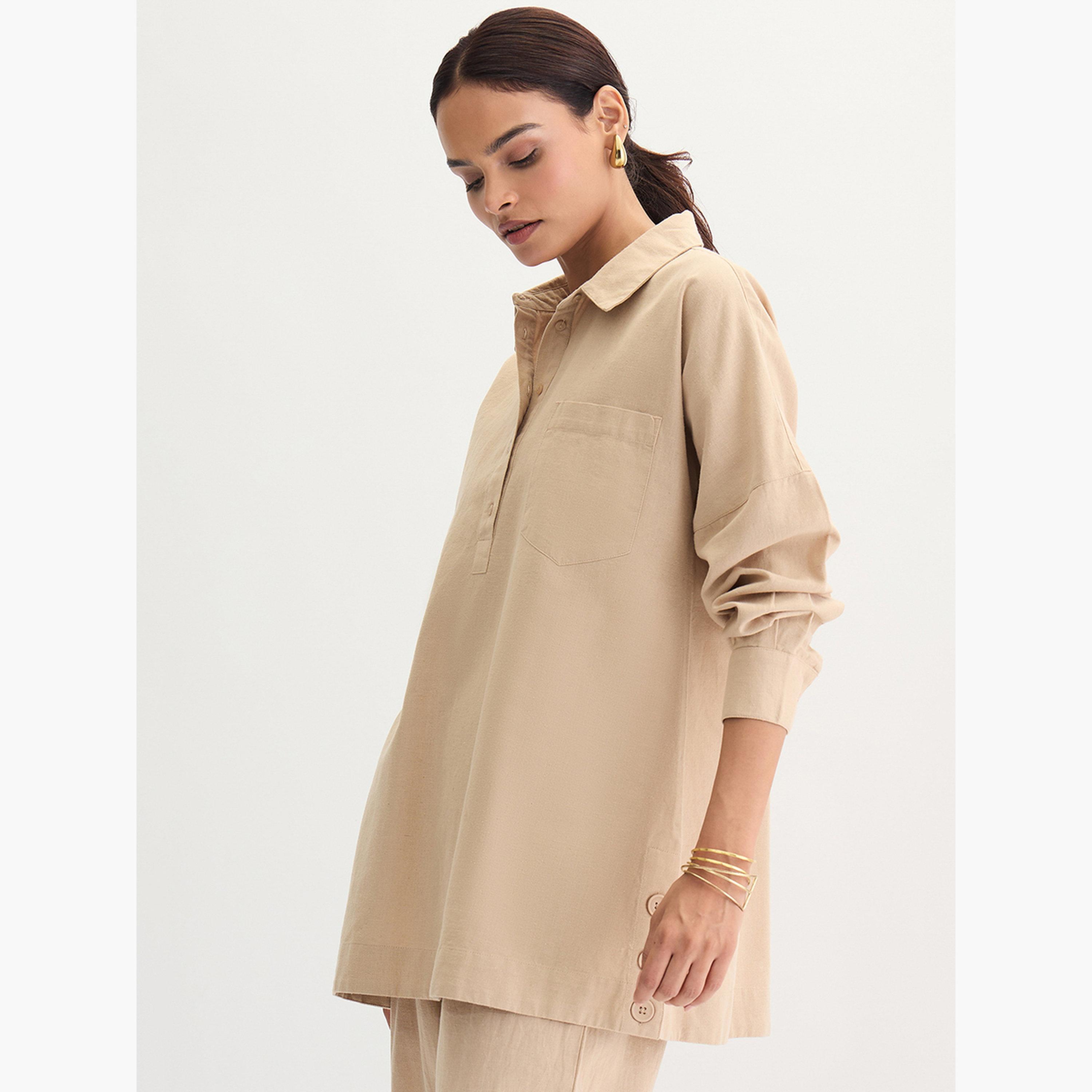 فيميلا - تونيك قطن وكتان بتفاصيل أزرار لون بيج-women-clothing-shirtsandblouses-blouses-image-3
