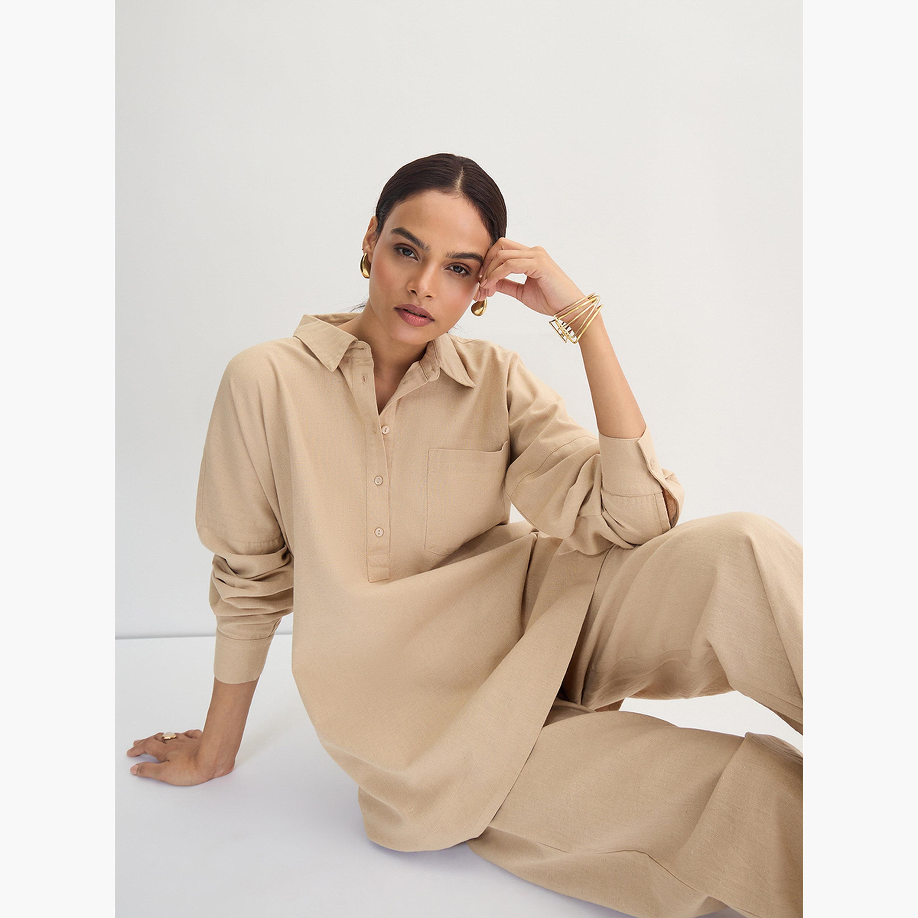 فيميلا - تونيك قطن وكتان بتفاصيل أزرار لون بيج-women-clothing-shirtsandblouses-blouses-image-5