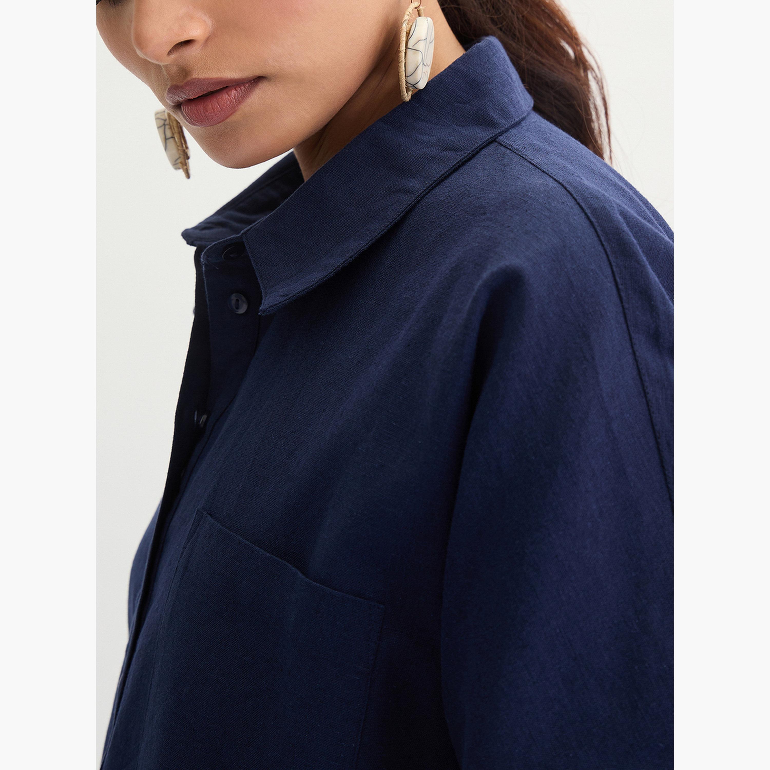 فيميلا - بلوزة لون أزرق داكن من القطن وكتان بتفاصيل أزرار-women-clothing-shirtsandblouses-blouses-image-4