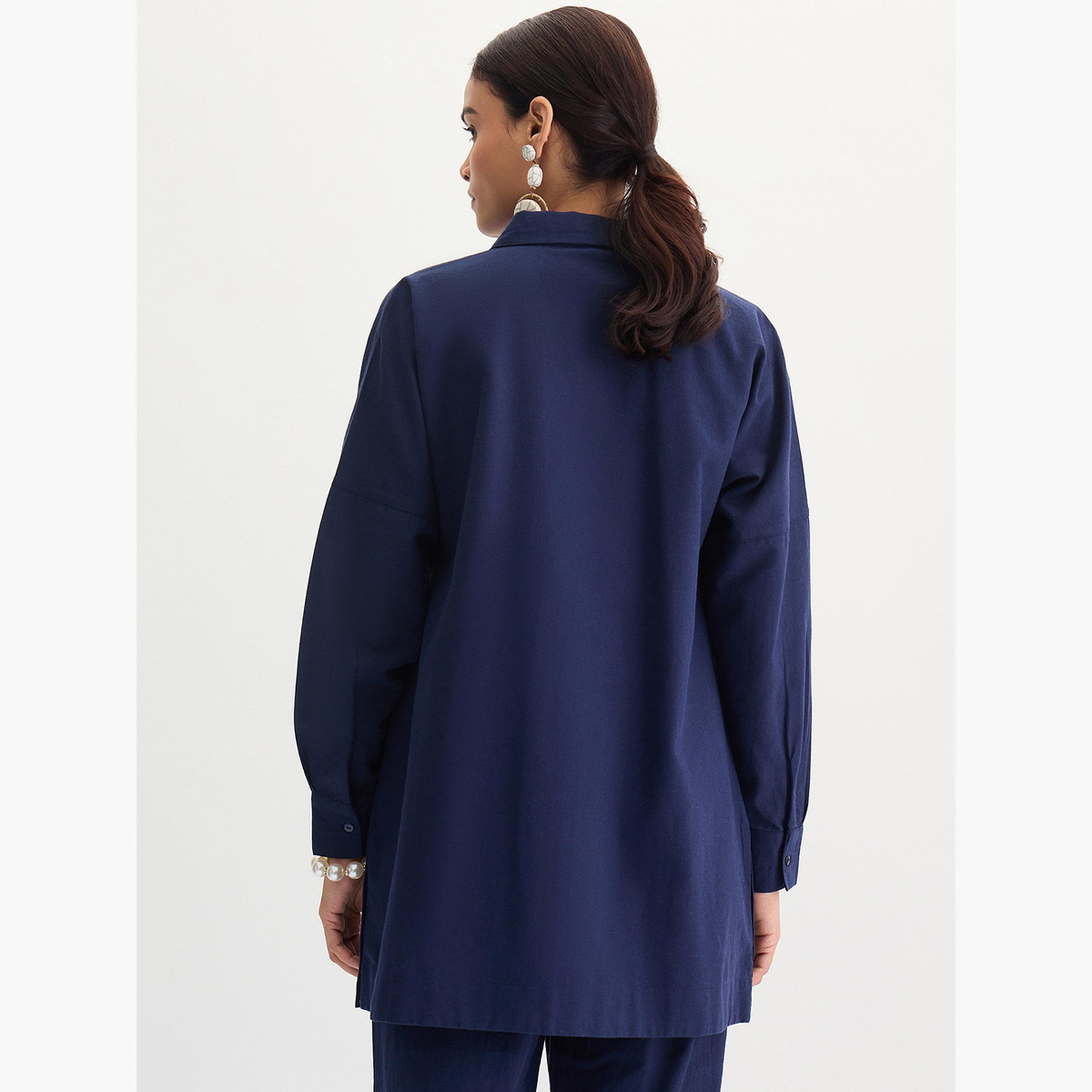 Femmella Navy Blue Cotton Linen Button Detail Tunic-women-clothing-shirtsandblouses-blouses-image-6