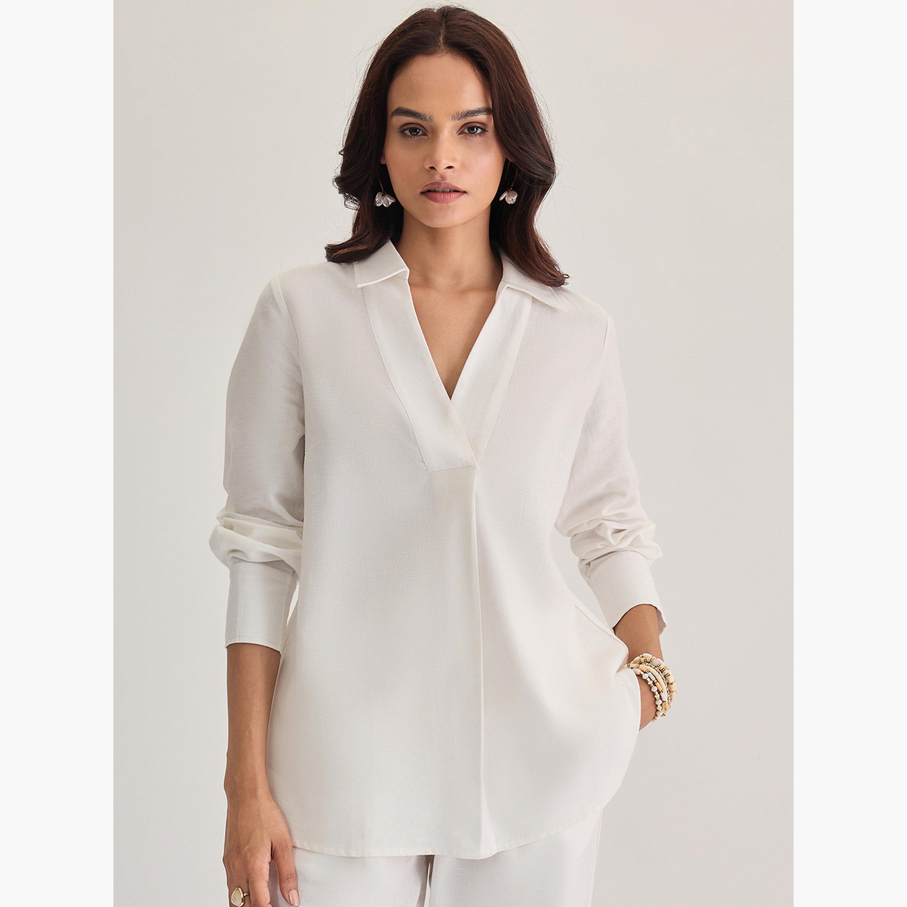 Femmella White Cotton Linen Pleat Detail Tunic Top-women-clothing-tshirts-image-1