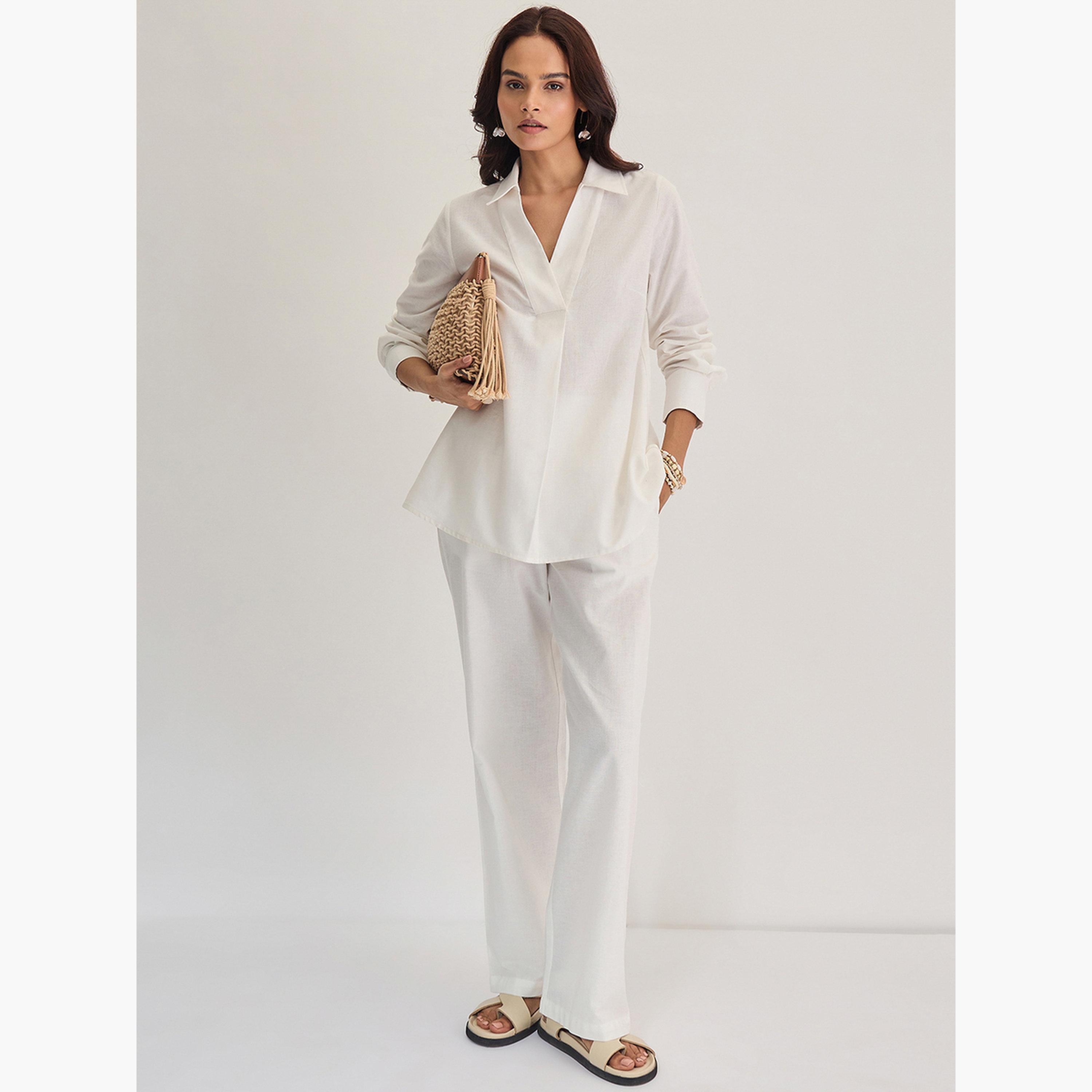 Femmella White Cotton Linen Pleat Detail Tunic Top-women-clothing-tshirts-image-2