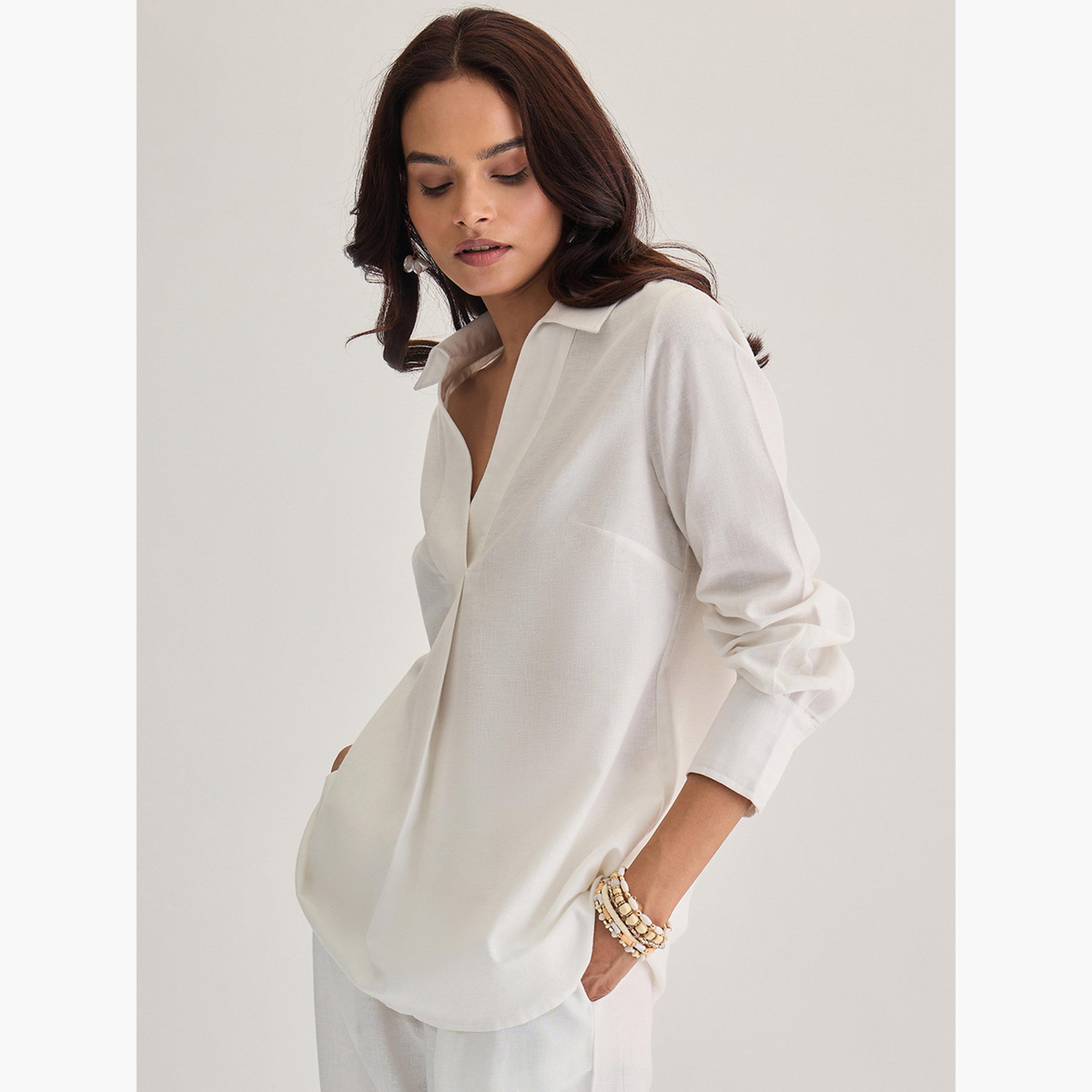 Femmella White Cotton Linen Pleat Detail Tunic Top-women-clothing-tshirts-image-3