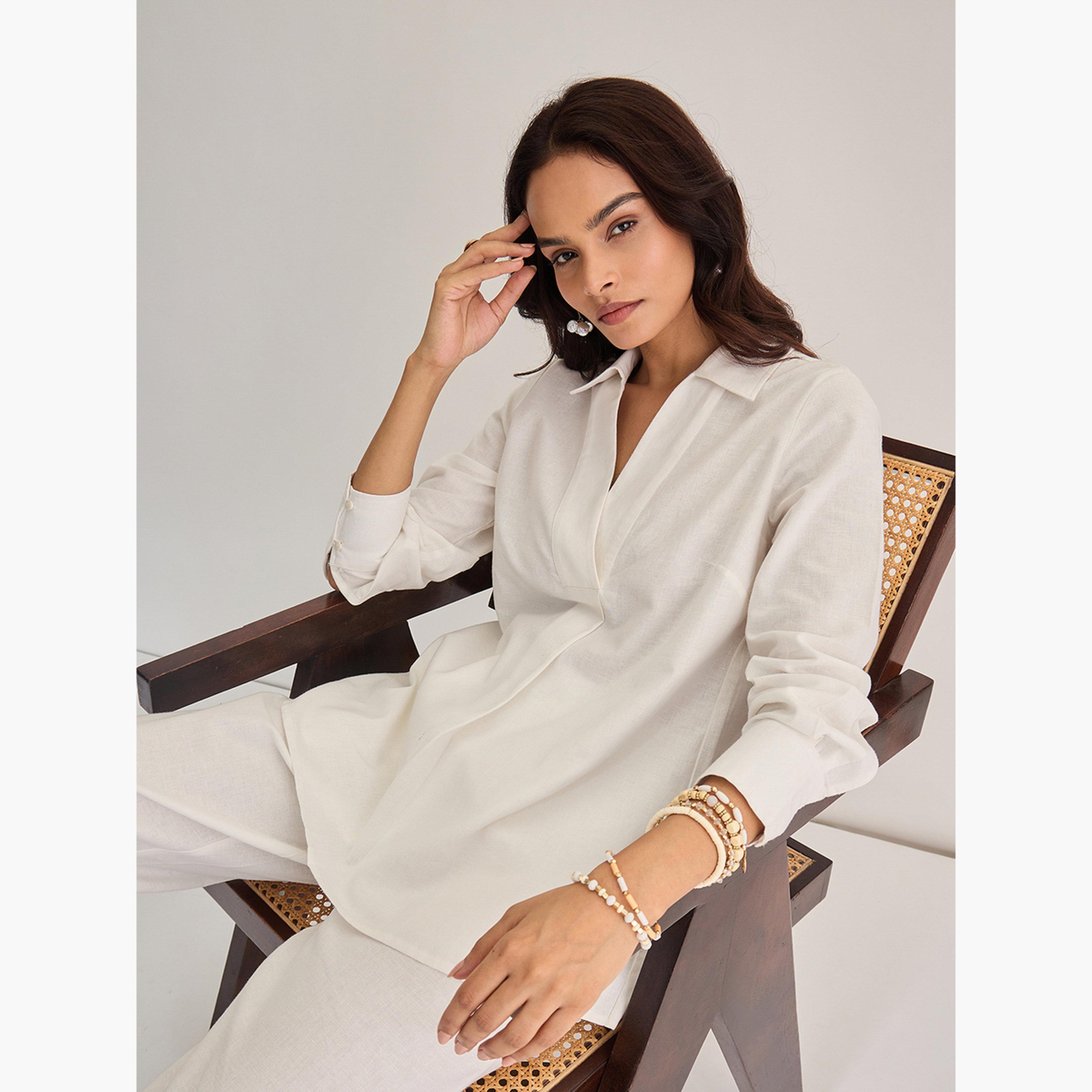 Femmella White Cotton Linen Pleat Detail Tunic Top-women-clothing-tshirts-image-5