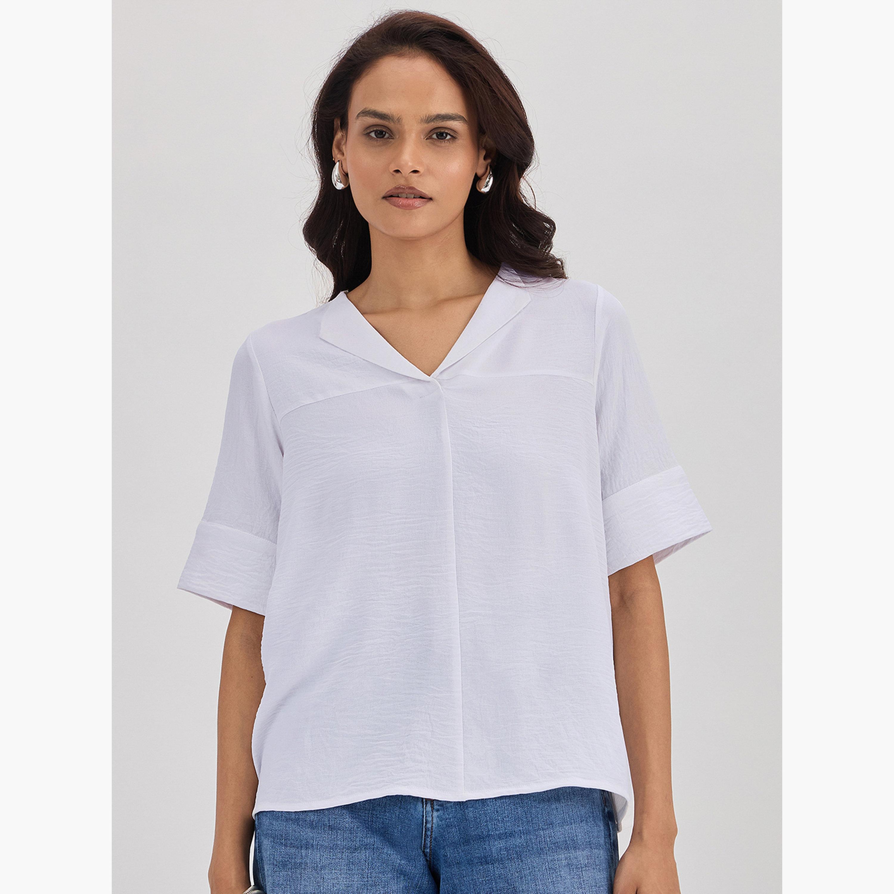 فيميلا - بلوزة بيضاء بياقة شال وأكمام ثلاثة أرباع الطول-women-clothing-shirtsandblouses-blouses-image-1