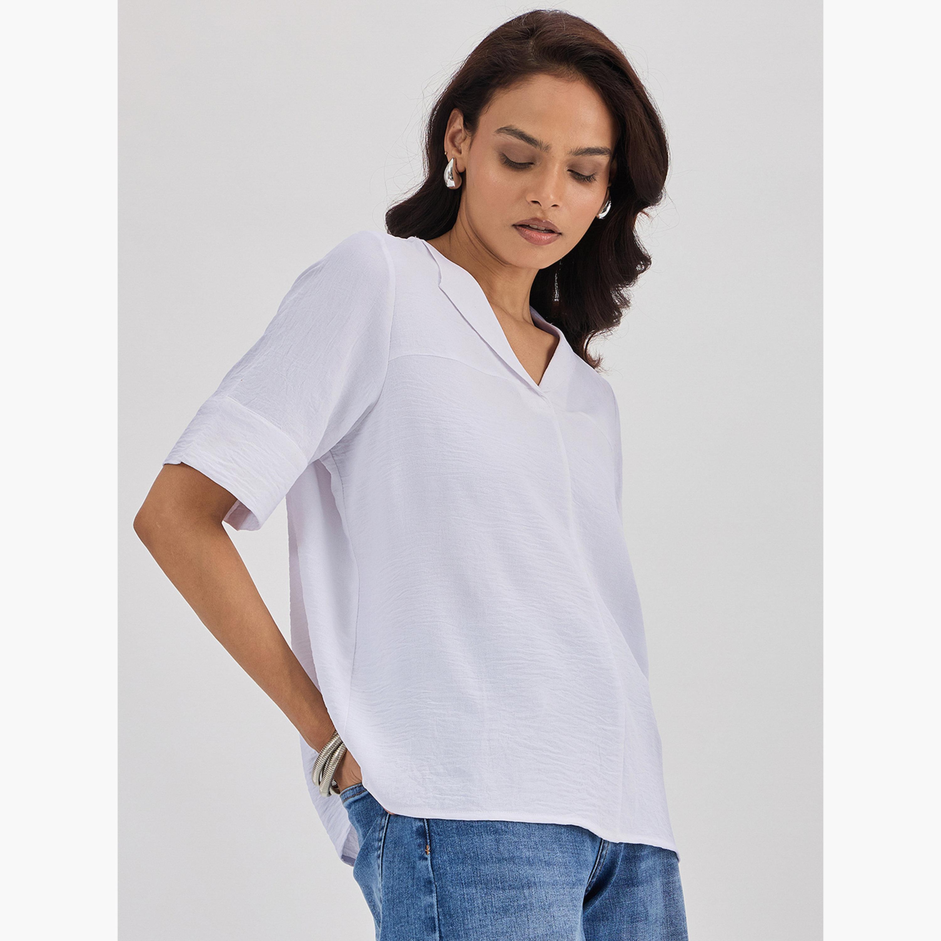 فيميلا - بلوزة بيضاء بياقة شال وأكمام ثلاثة أرباع الطول-women-clothing-shirtsandblouses-blouses-image-3