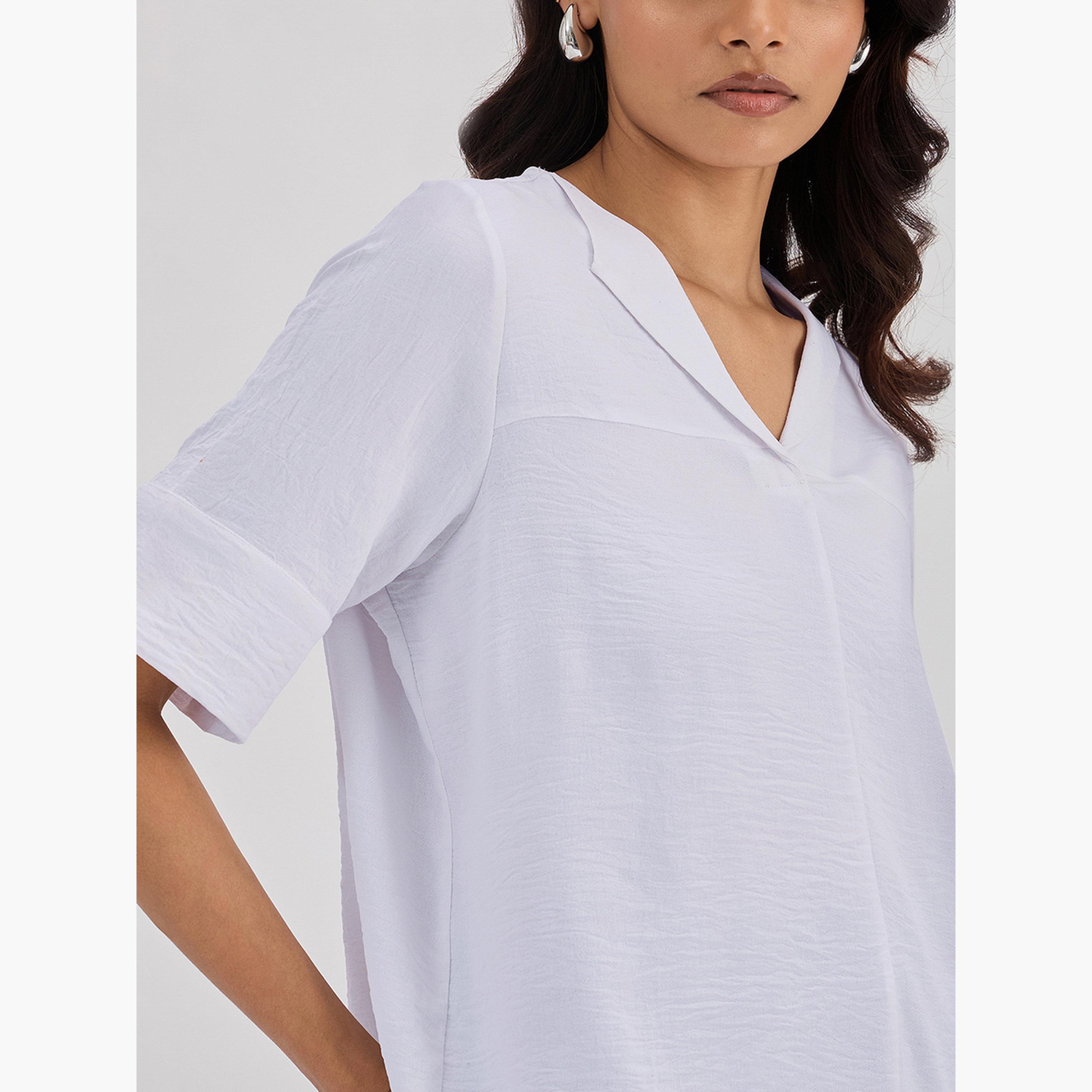 فيميلا - بلوزة بيضاء بياقة شال وأكمام ثلاثة أرباع الطول-women-clothing-shirtsandblouses-blouses-image-4