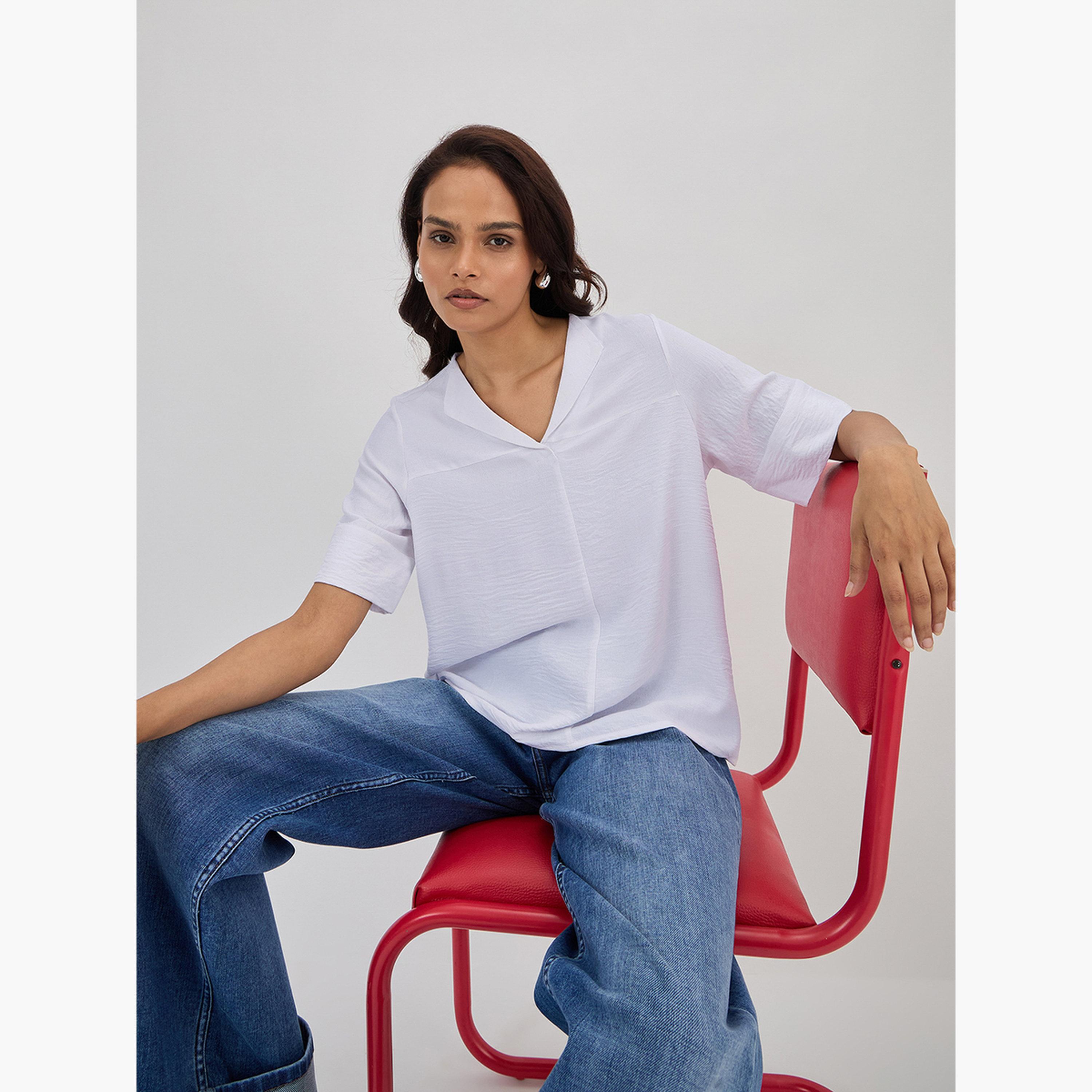 فيميلا - بلوزة بيضاء بياقة شال وأكمام ثلاثة أرباع الطول-women-clothing-shirtsandblouses-blouses-image-5