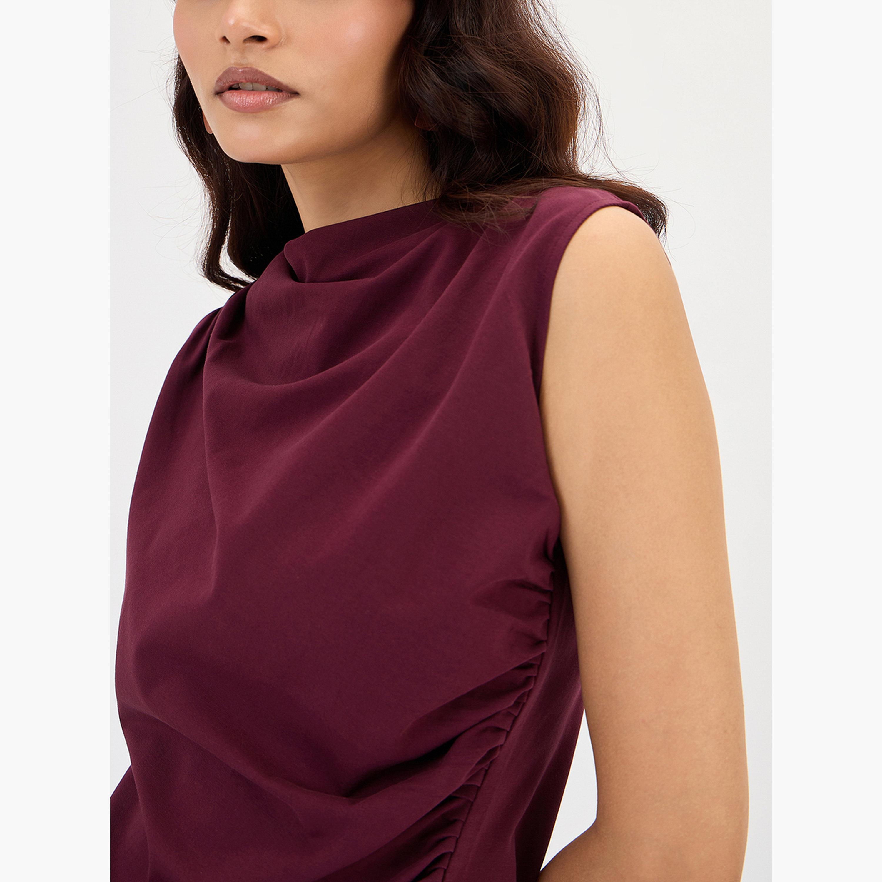 فيميلا - بلوزة محبوكة من القطن بلون النبيذ مع تفاصيل كشكشة-women-clothing-shirtsandblouses-blouses-image-4