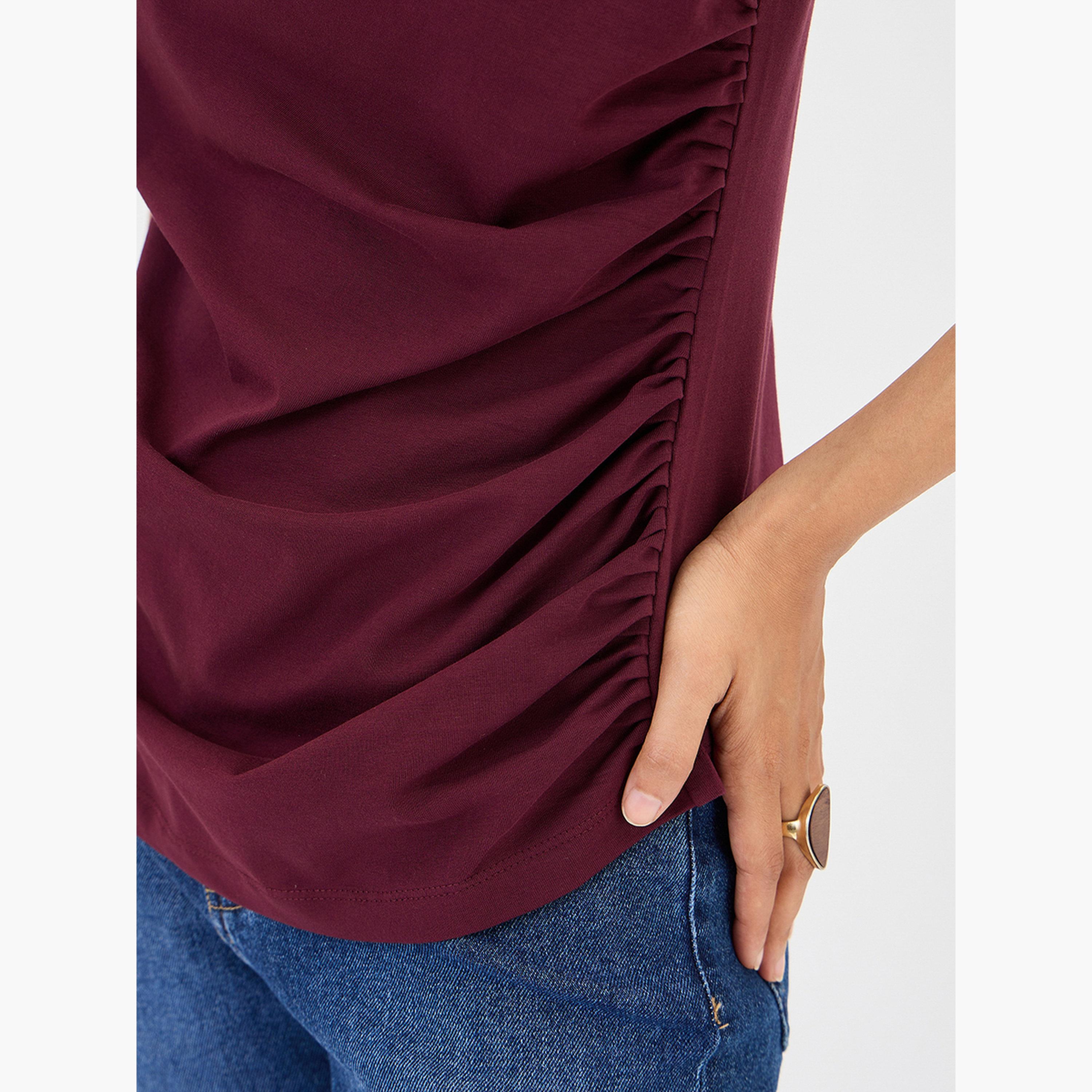 فيميلا - بلوزة محبوكة من القطن بلون النبيذ مع تفاصيل كشكشة-women-clothing-shirtsandblouses-blouses-image-5