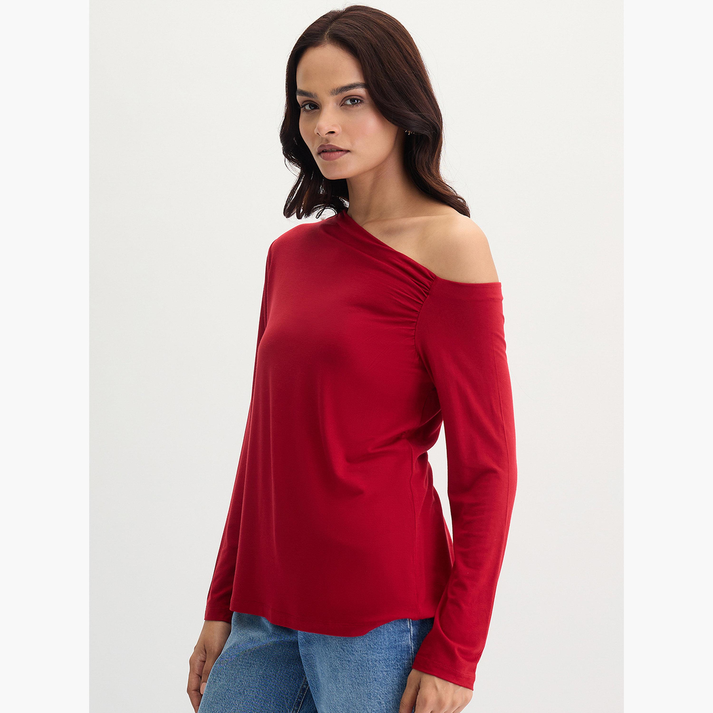 Femmella Deep Red Knit One Shoulder Top-women-clothing-tshirts-image-3