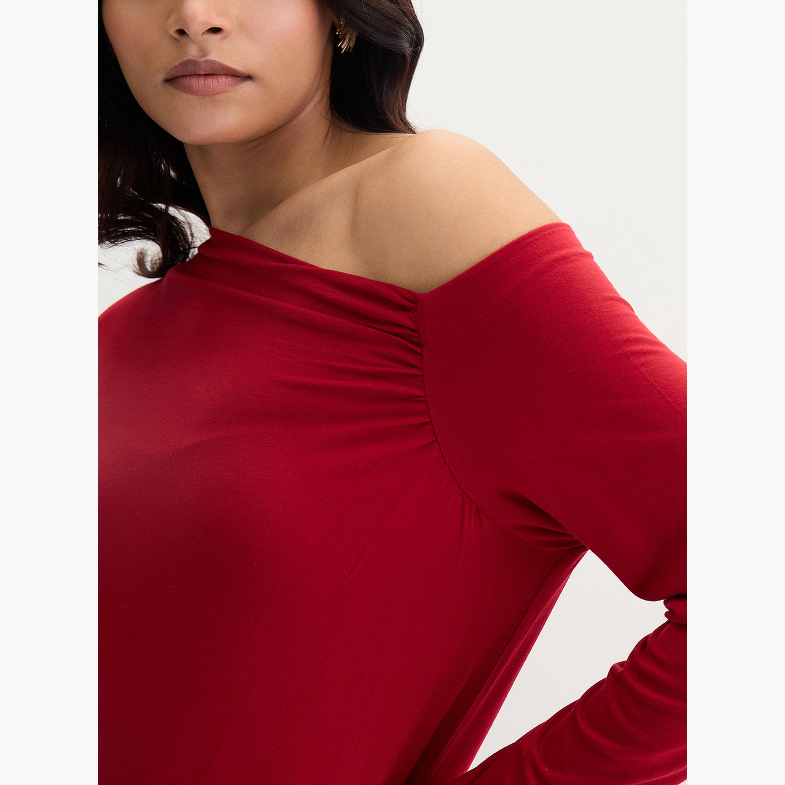 Femmella Deep Red Knit One Shoulder Top-women-clothing-tshirts-image-4