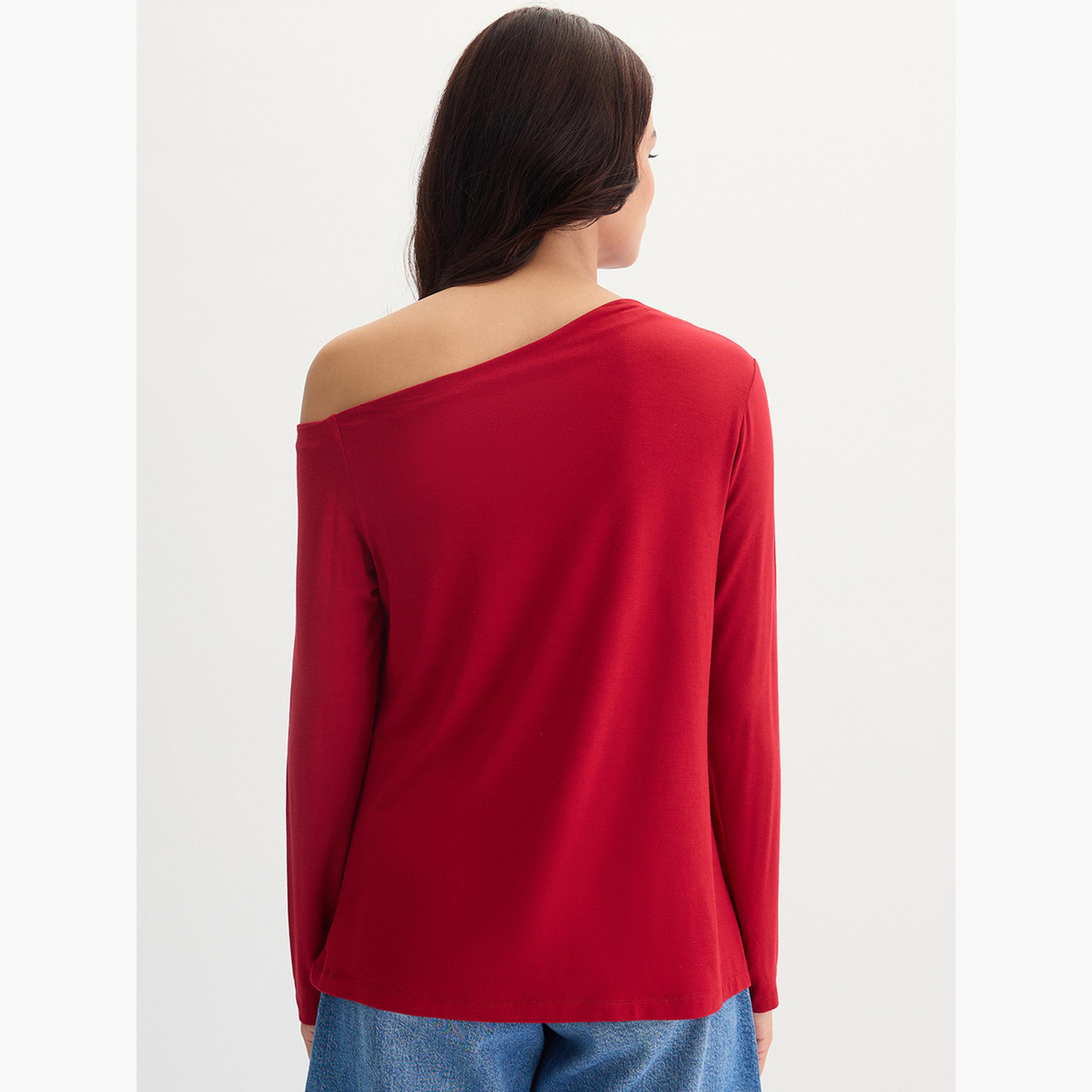 Femmella Deep Red Knit One Shoulder Top-women-clothing-tshirts-image-6