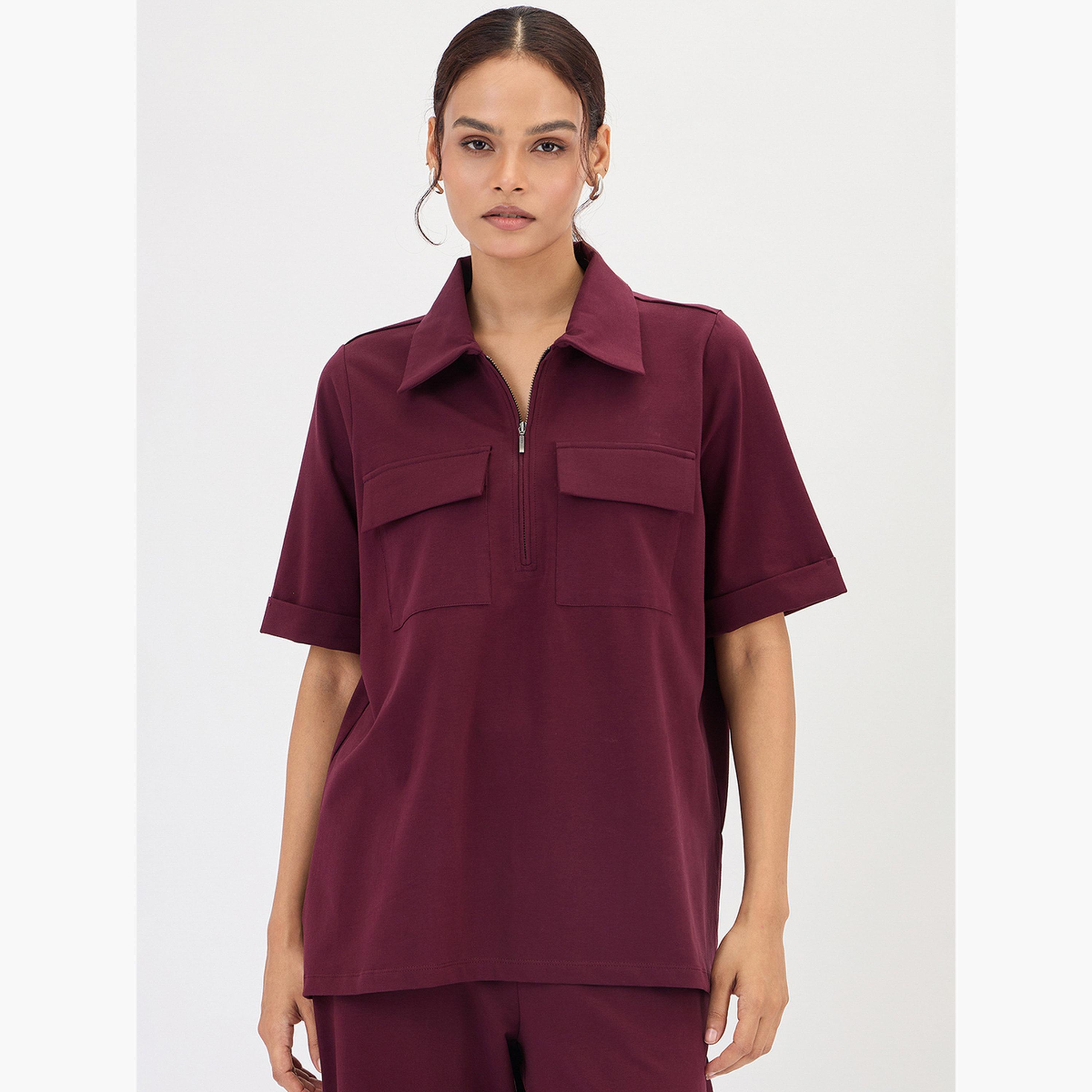 فيميلا - بلوزة برغندي بسحاب مع جيوب على الصدر-women-clothing-shirtsandblouses-blouses-image-1