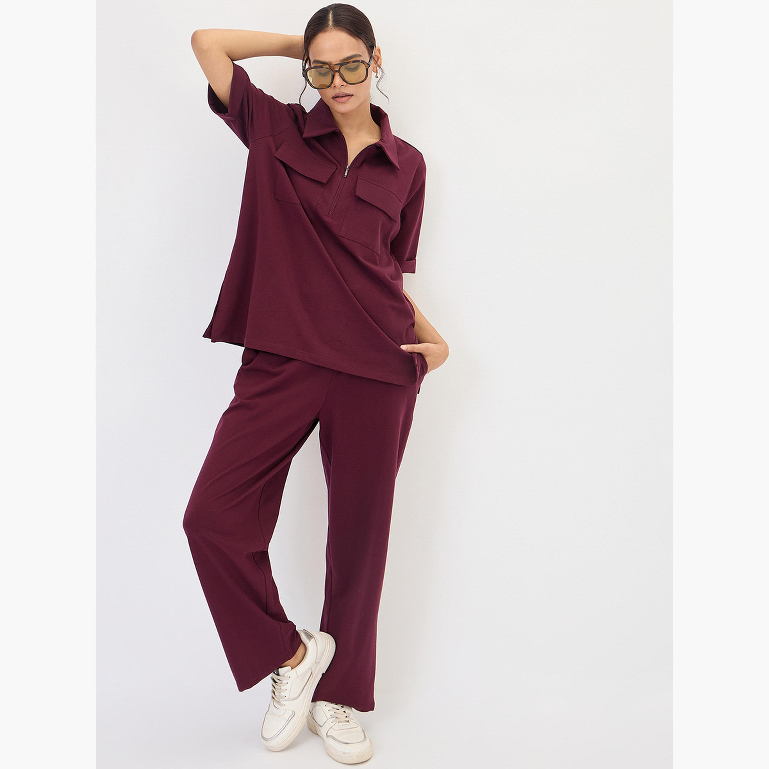 فيميلا - بلوزة برغندي بسحاب مع جيوب على الصدر-women-clothing-shirtsandblouses-blouses-image-2
