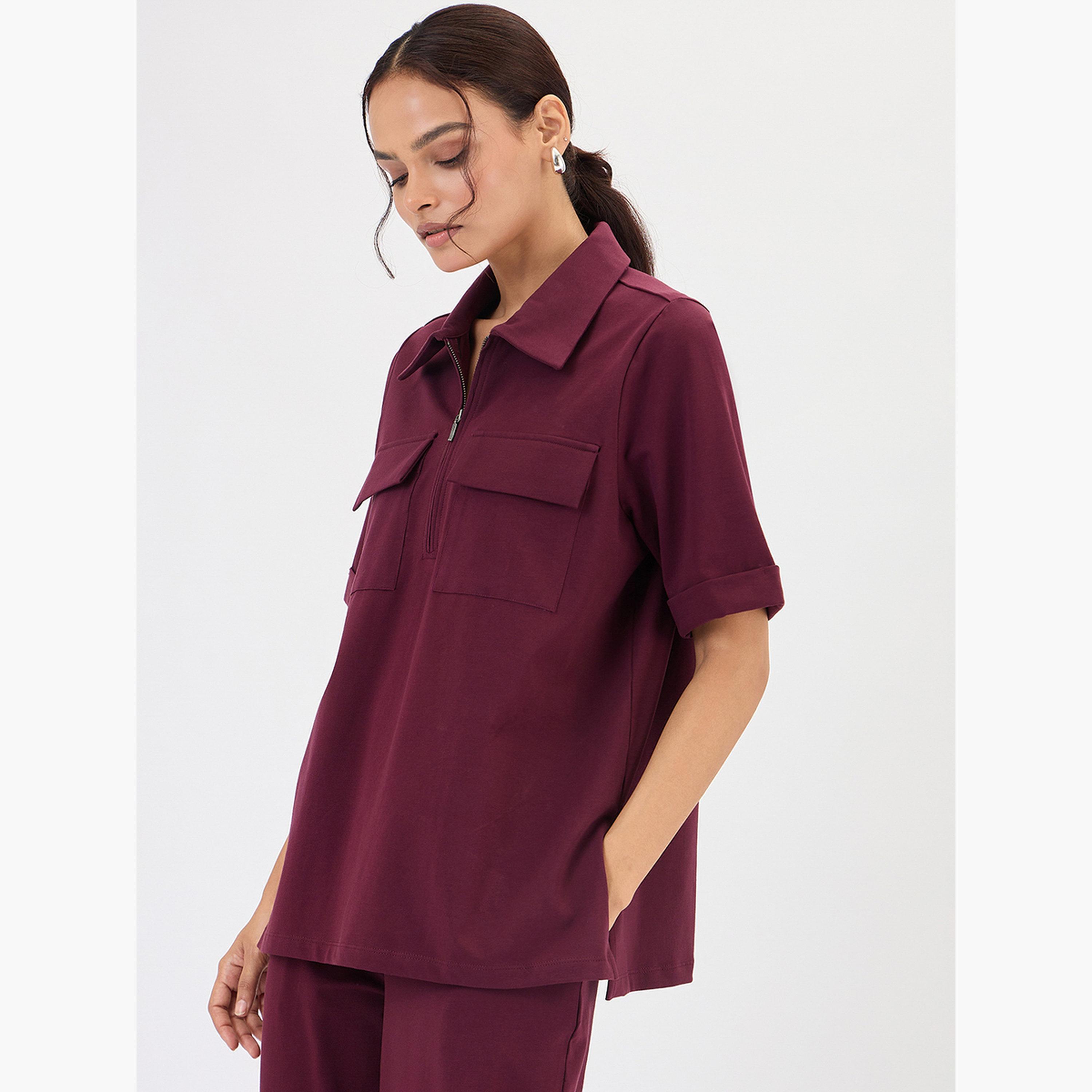 فيميلا - بلوزة برغندي بسحاب مع جيوب على الصدر-women-clothing-shirtsandblouses-blouses-image-3