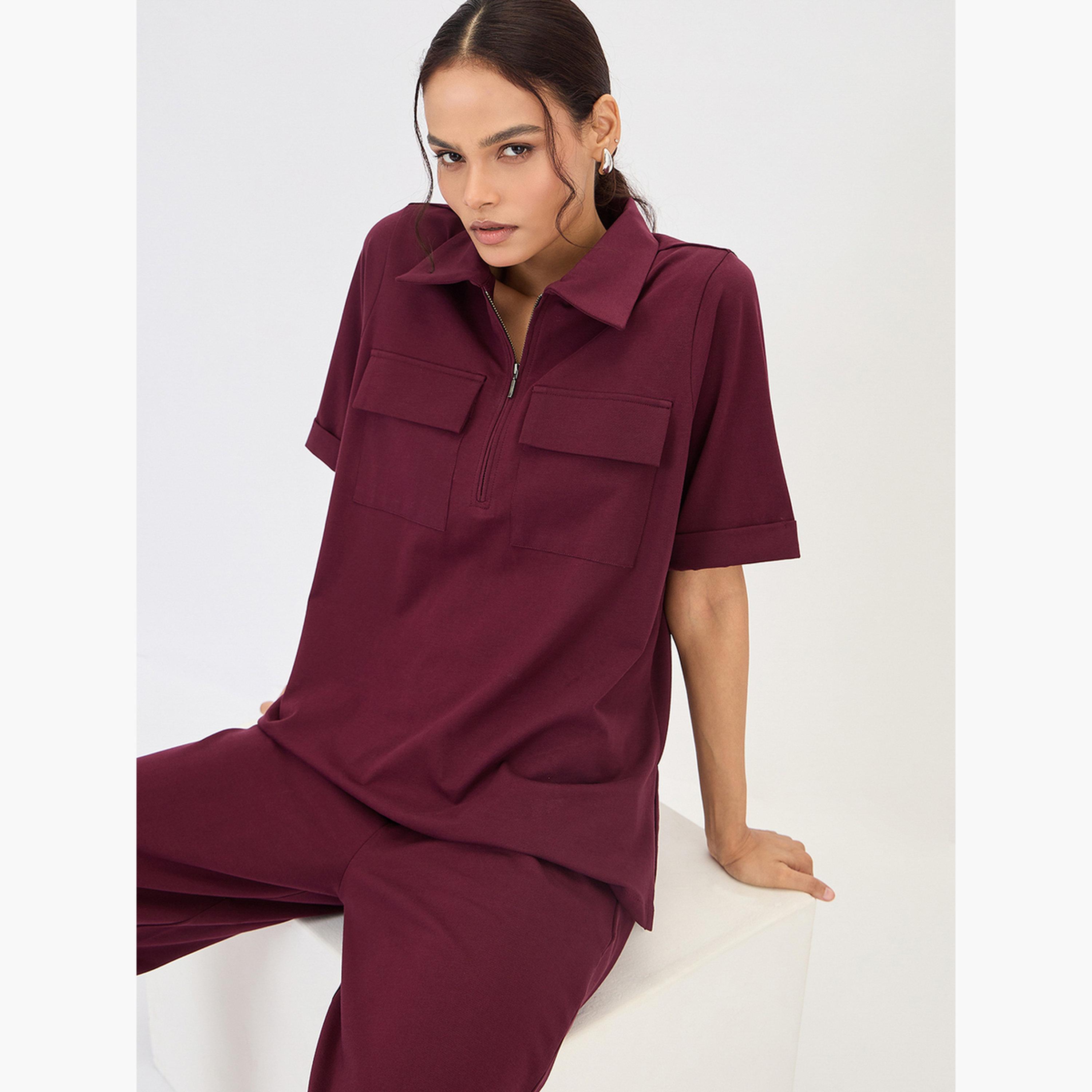 فيميلا - بلوزة برغندي بسحاب مع جيوب على الصدر-women-clothing-shirtsandblouses-blouses-image-5