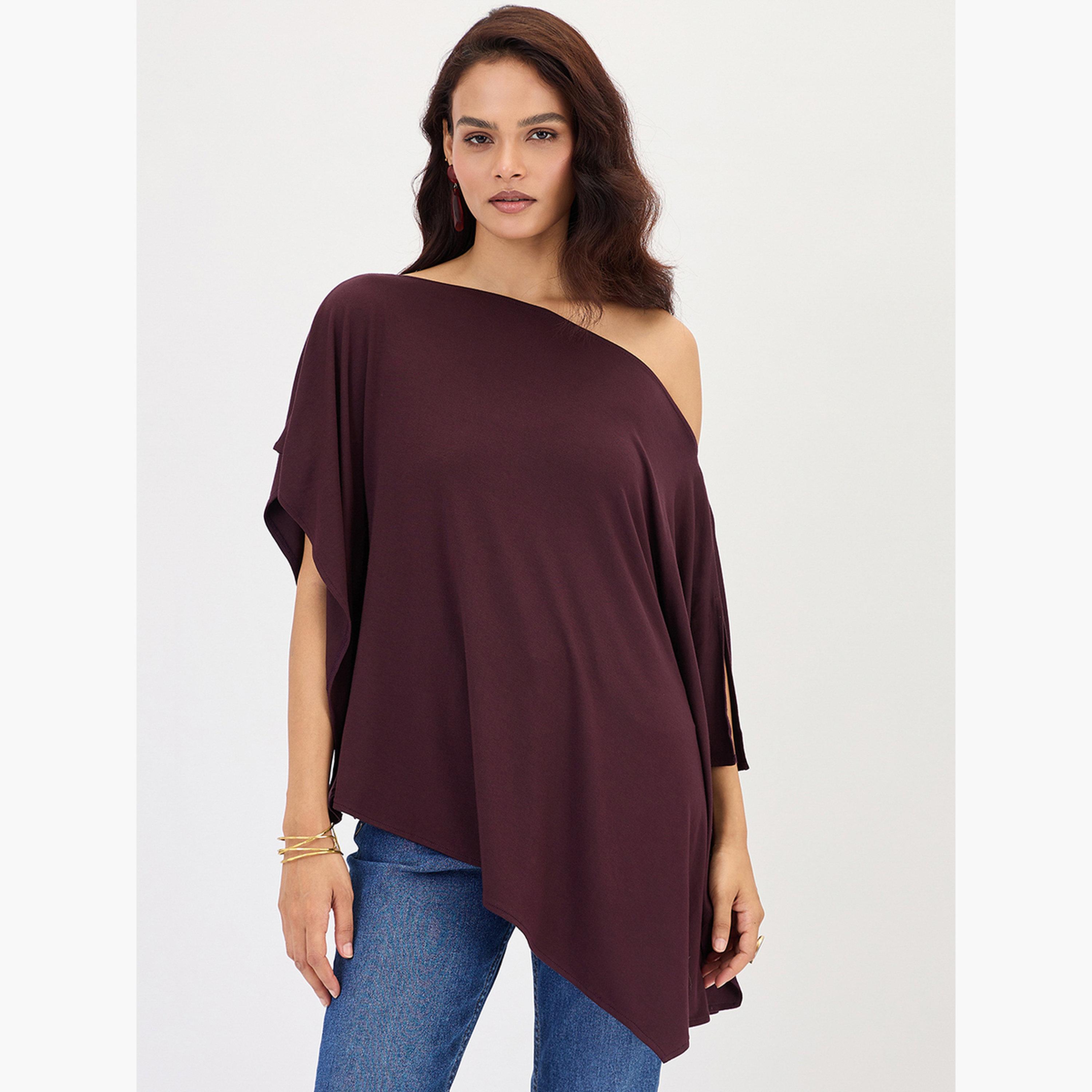 فيميلا - كيمونو محبوك بكتف واحد بلون النبيذ-women-clothing-shirtsandblouses-blouses-image-1