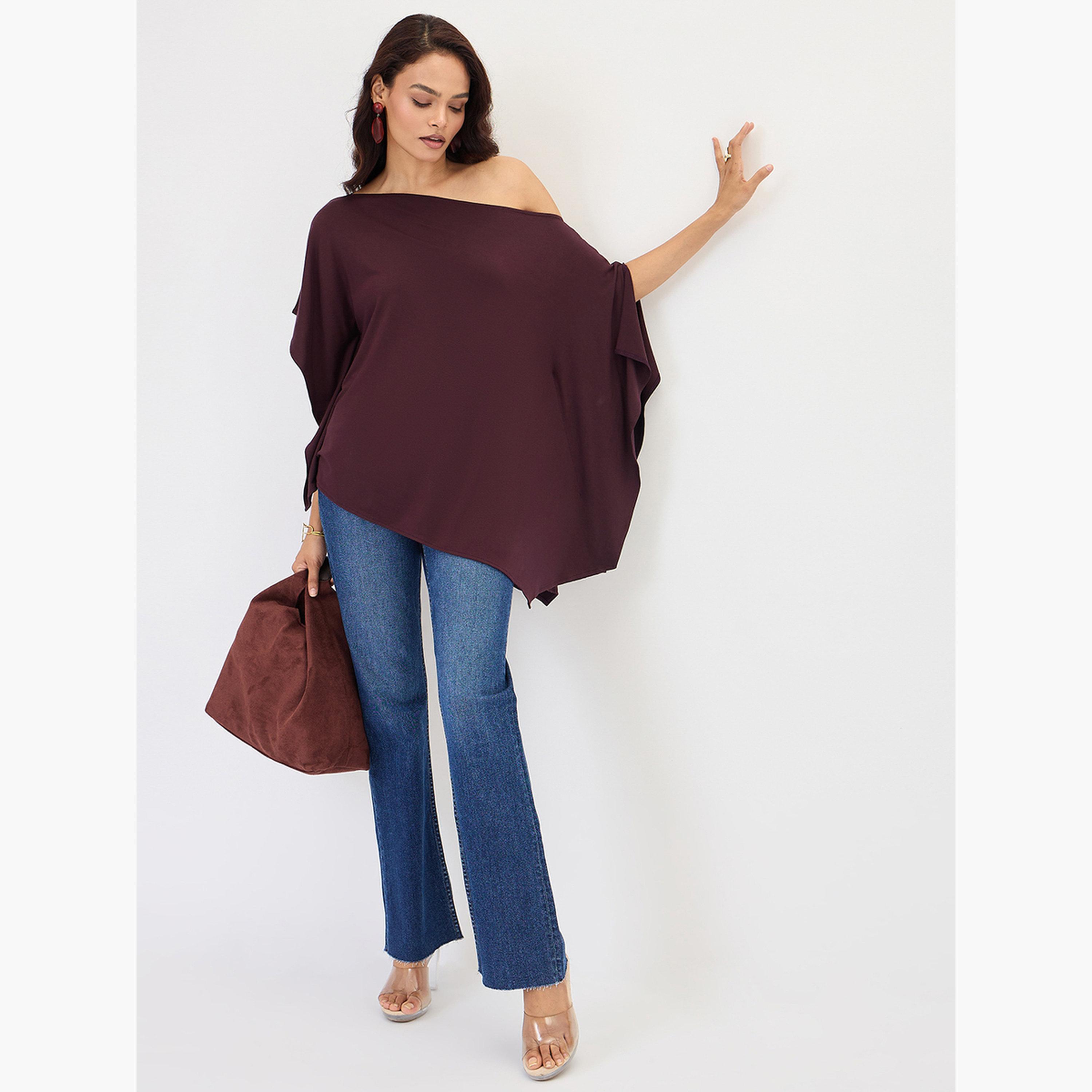 فيميلا - كيمونو محبوك بكتف واحد بلون النبيذ-women-clothing-shirtsandblouses-blouses-image-2