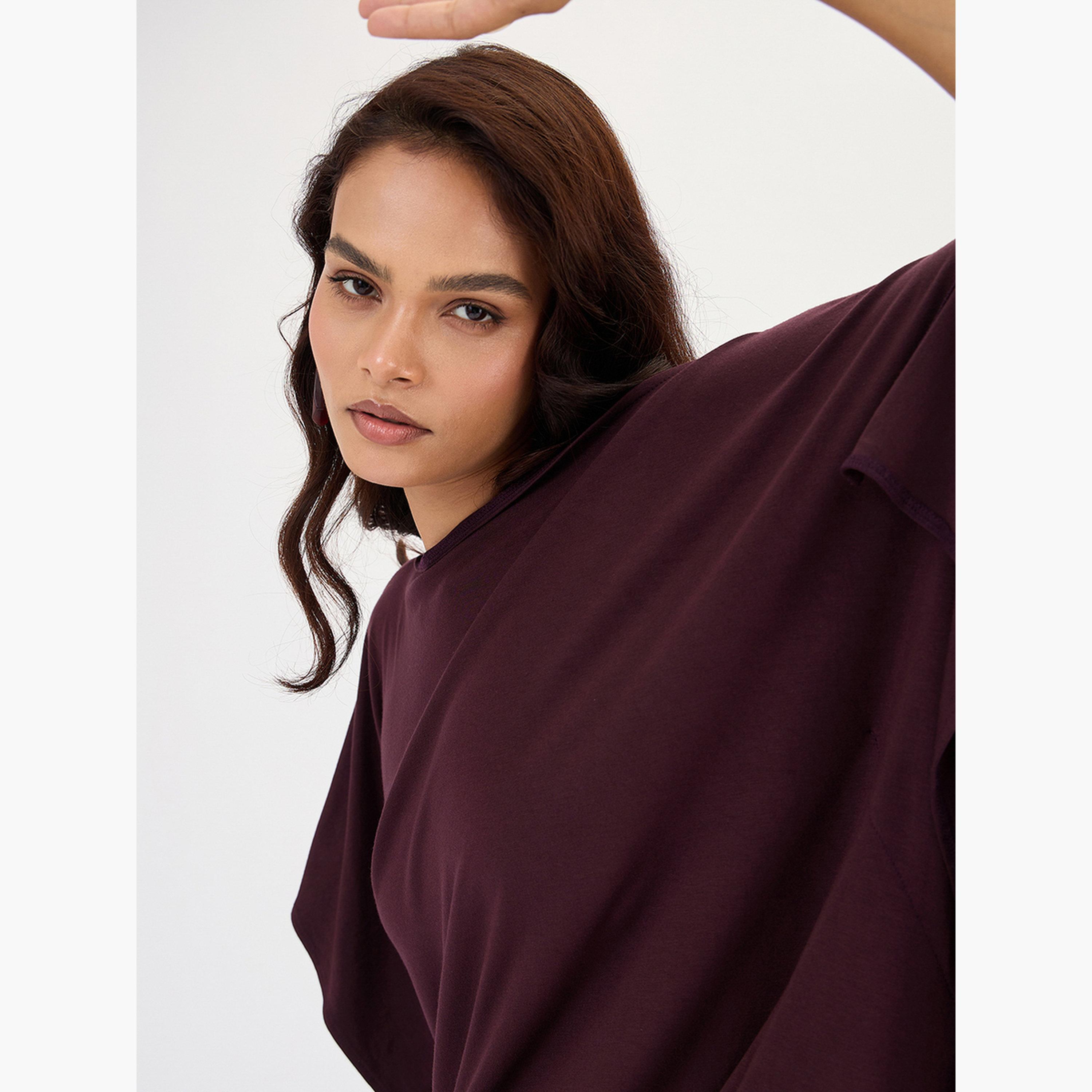 فيميلا - كيمونو محبوك بكتف واحد بلون النبيذ-women-clothing-shirtsandblouses-blouses-image-4