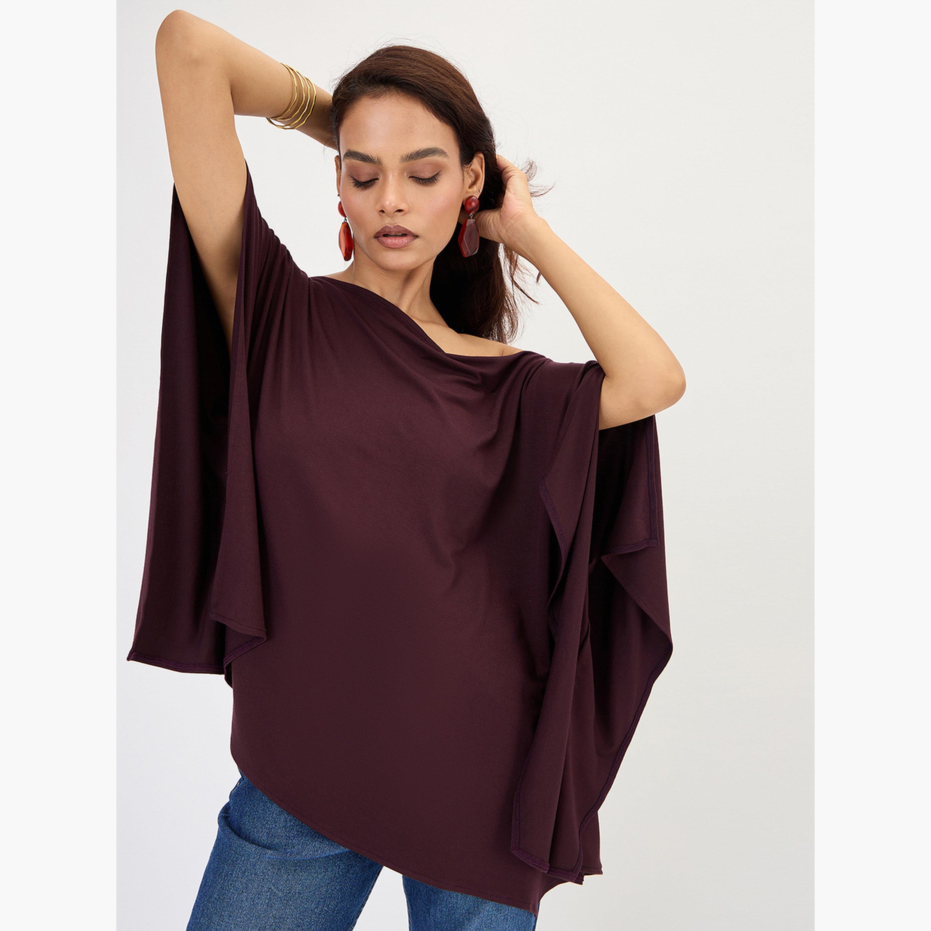 فيميلا - كيمونو محبوك بكتف واحد بلون النبيذ-women-clothing-shirtsandblouses-blouses-image-5