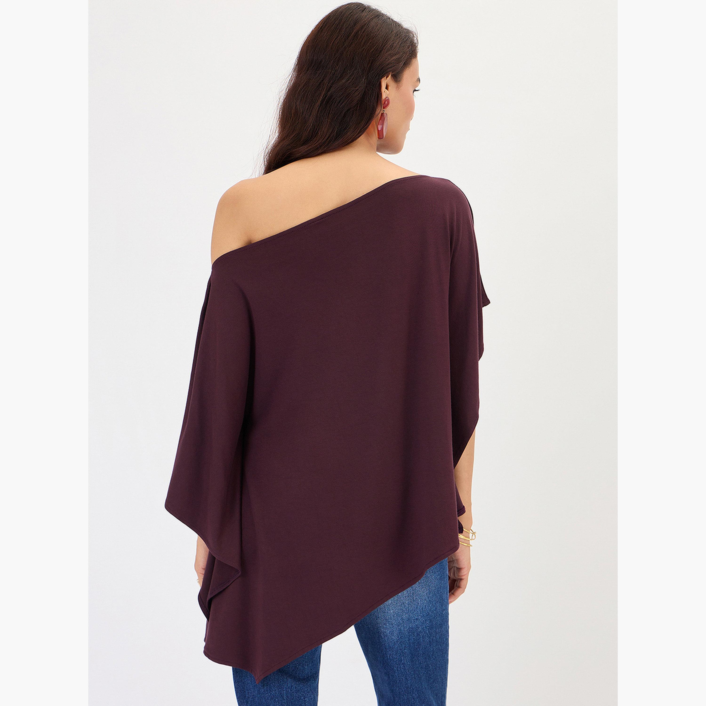 فيميلا - كيمونو محبوك بكتف واحد بلون النبيذ-women-clothing-shirtsandblouses-blouses-image-6