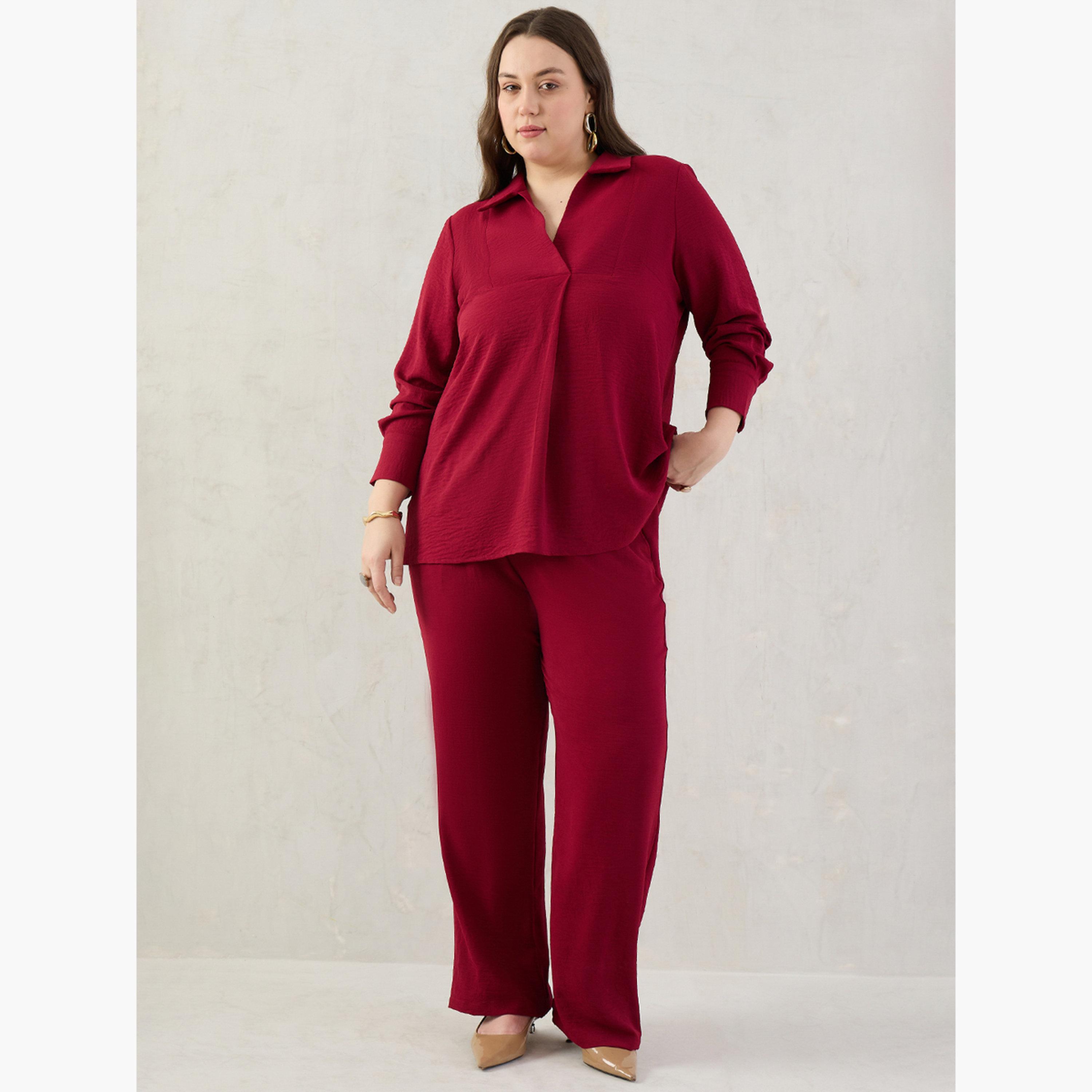 Femmella Plus Size Open Collar Shirt and Trousers Co-ords-women-clothing-coordsets-image-1