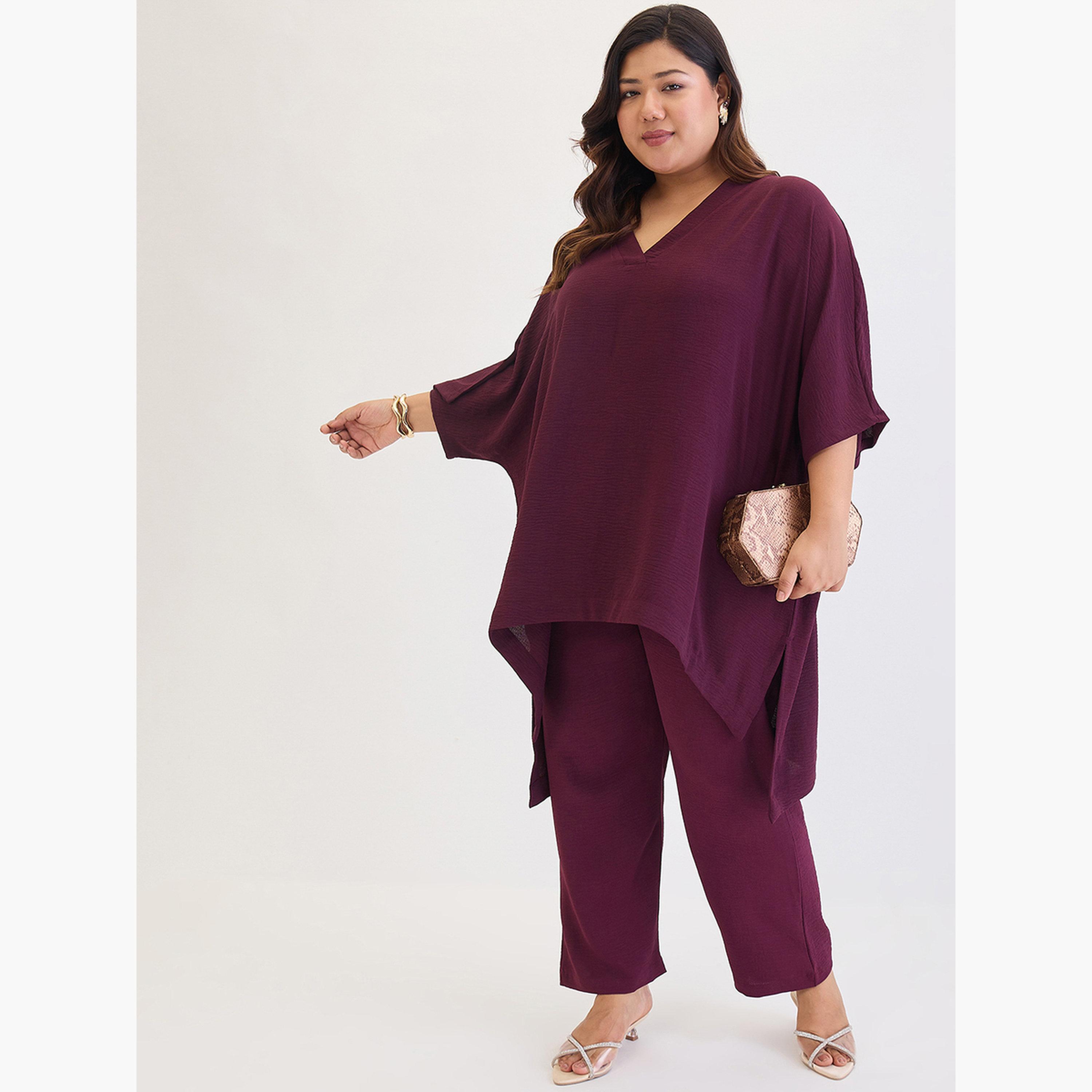 فيميلا - بلوزة وبنطال تصميم غير متماثل بمقاس واسع-women-clothing-coordsets-image-2