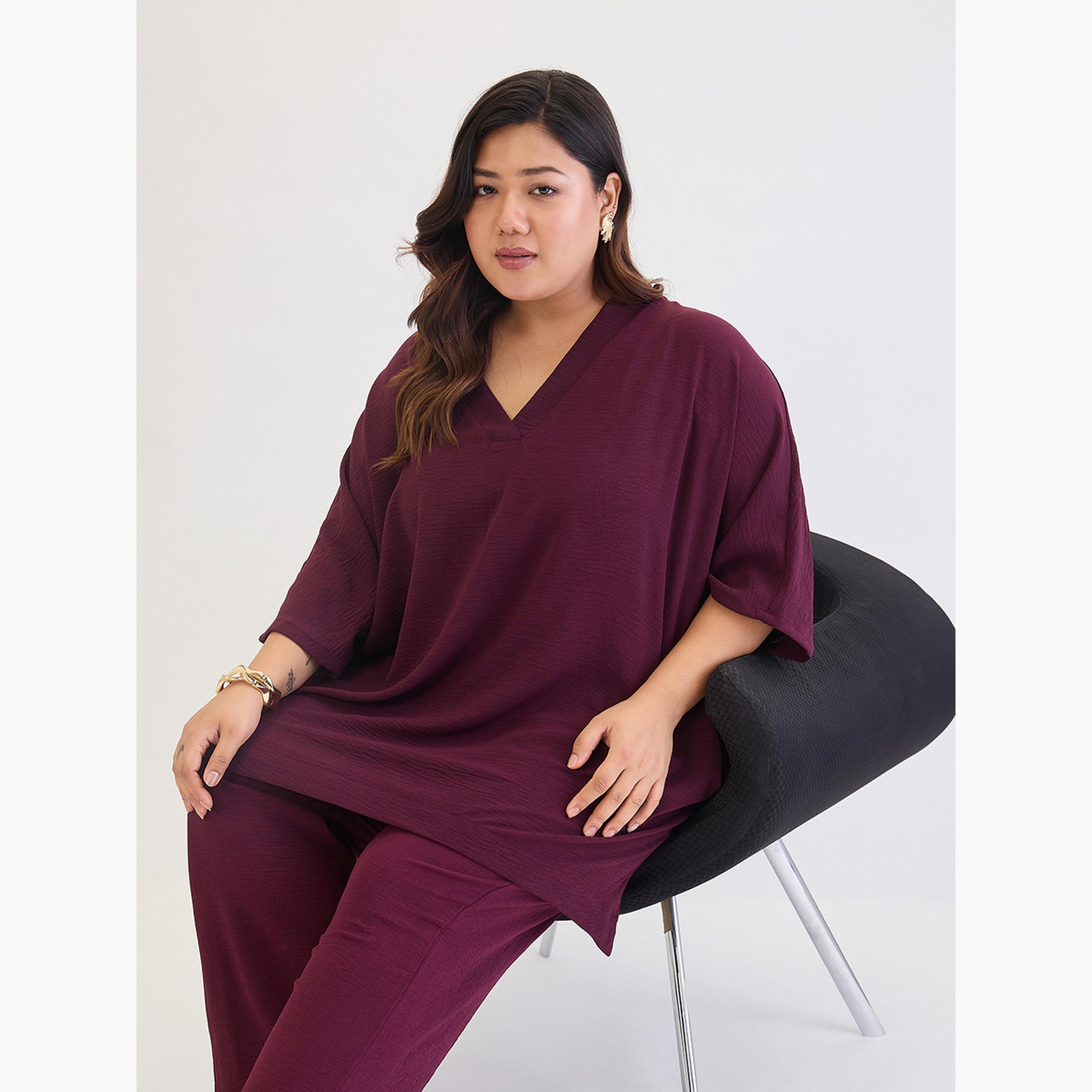 فيميلا - بلوزة وبنطال تصميم غير متماثل بمقاس واسع-women-clothing-coordsets-image-5