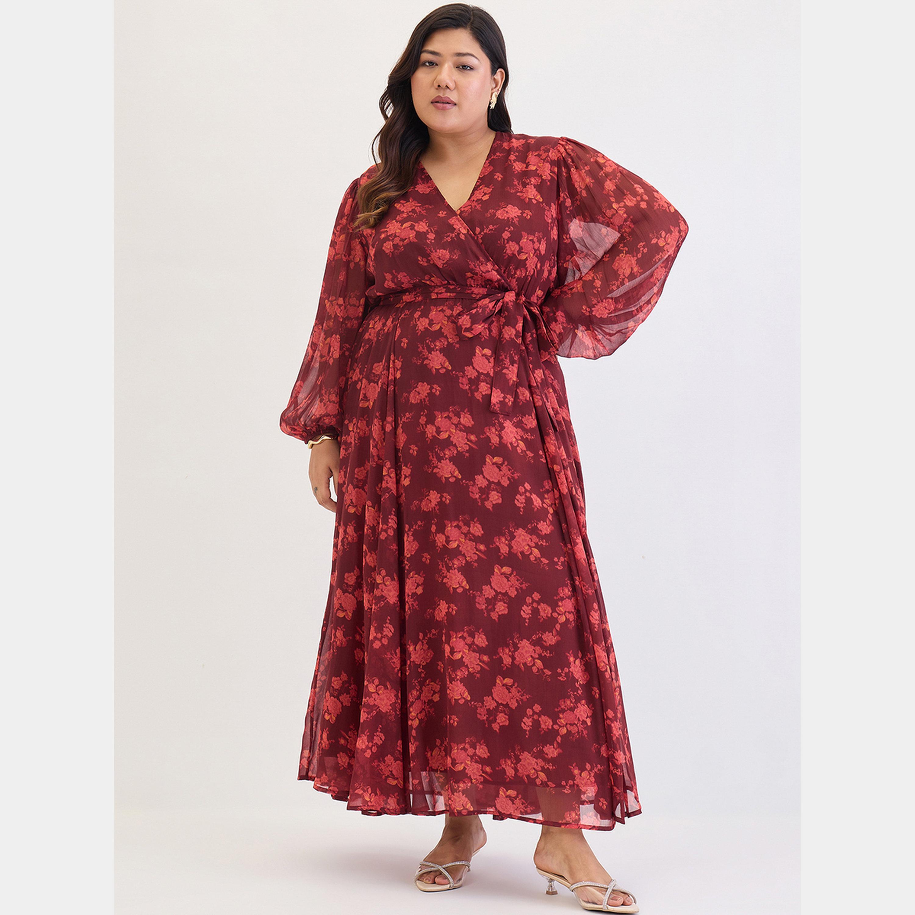 Femmella Maroon Floral Print V-Neck Long Sleeves Plus Size Women's Wrap Maxi Dress-women-clothing-dresses-image-1