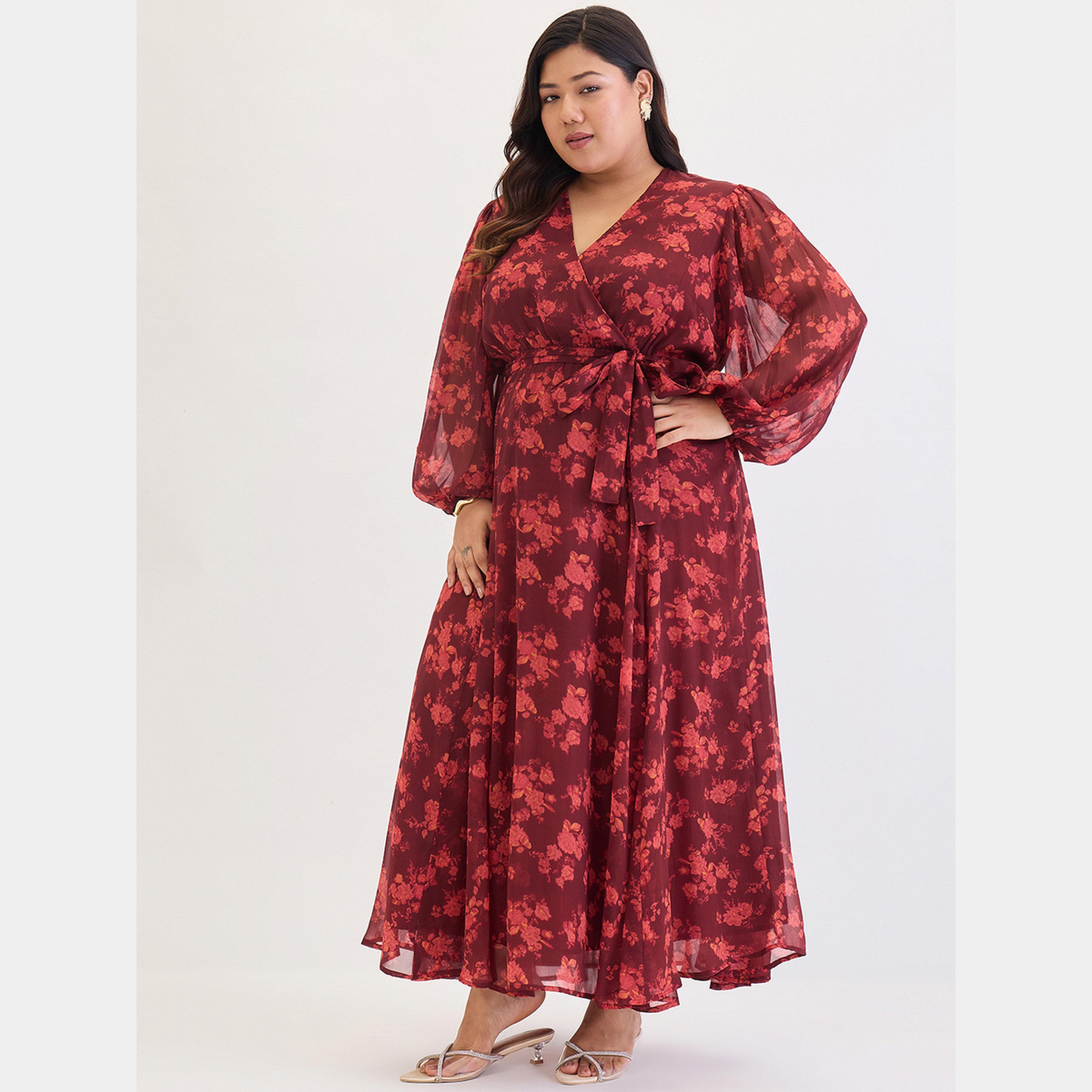 Femmella Maroon Floral Print V-Neck Long Sleeves Plus Size Women's Wrap Maxi Dress-women-clothing-dresses-image-2