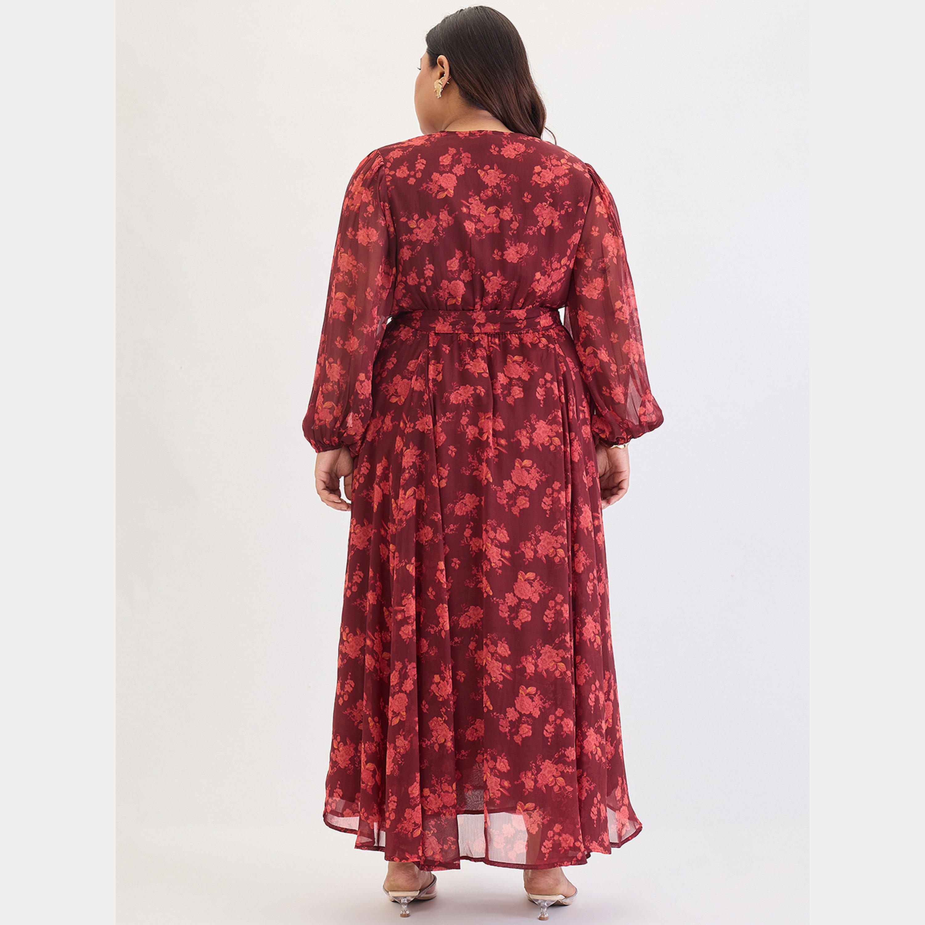 Femmella Maroon Floral Print V-Neck Long Sleeves Plus Size Women's Wrap Maxi Dress-women-clothing-dresses-image-3