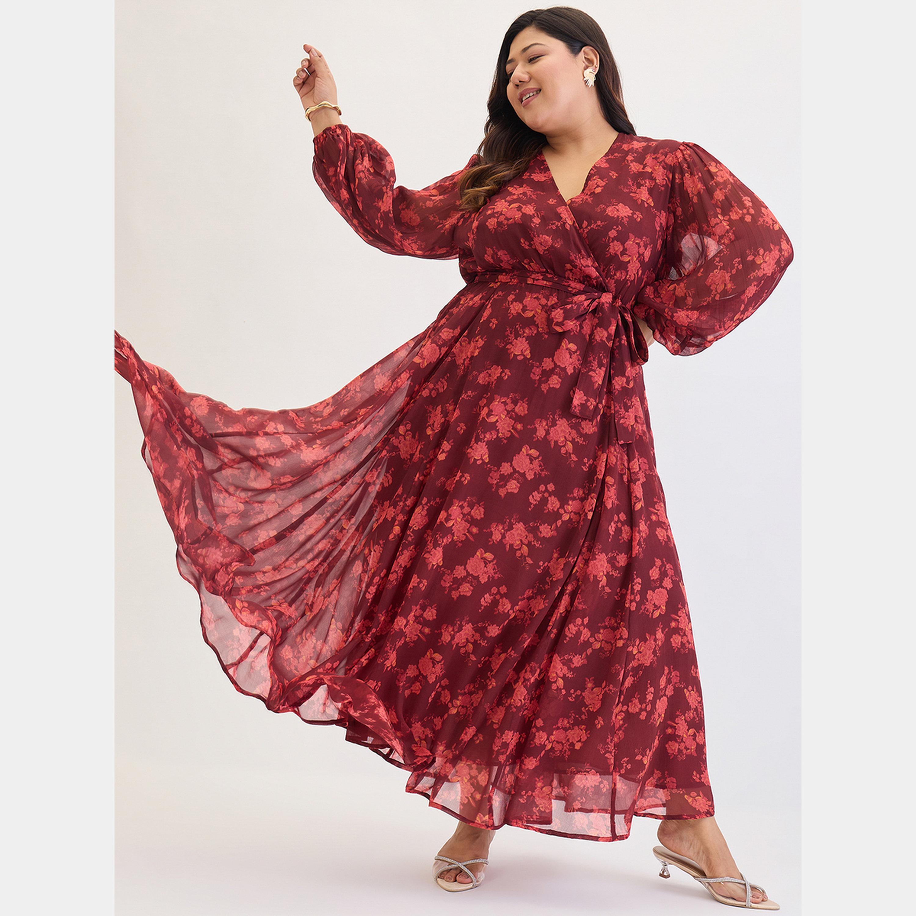 Femmella Maroon Floral Print V-Neck Long Sleeves Plus Size Women's Wrap Maxi Dress-women-clothing-dresses-image-4