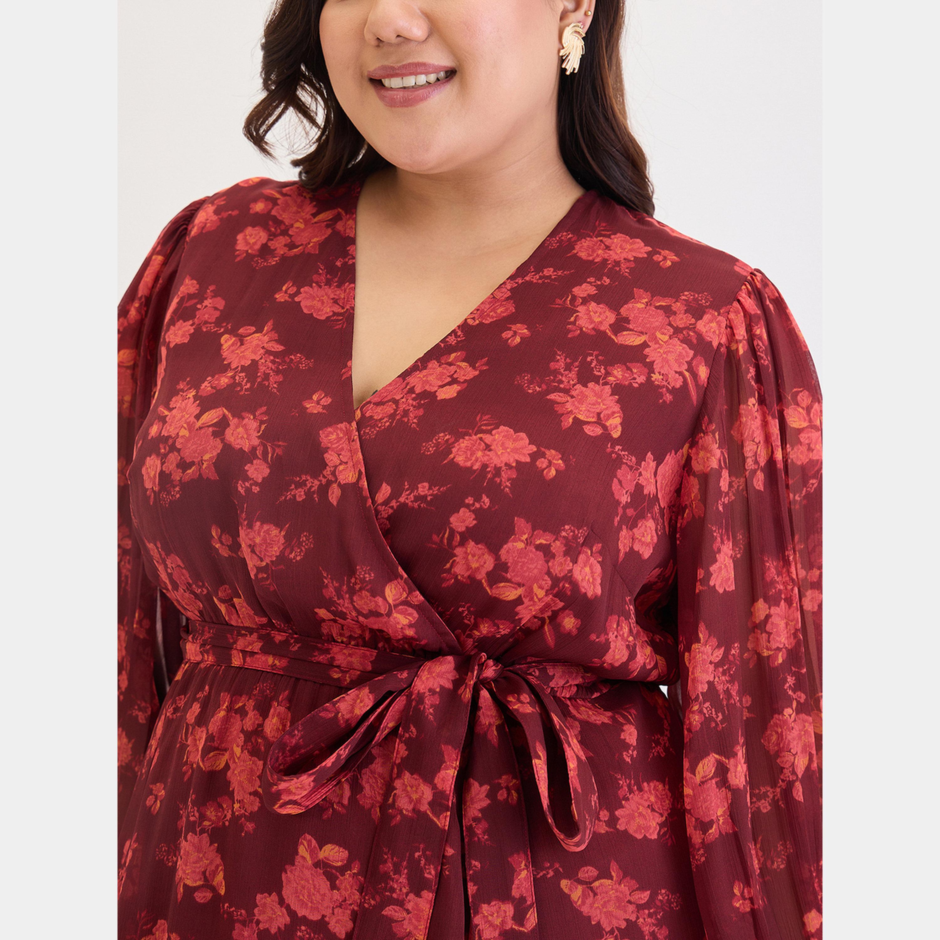 Femmella Maroon Floral Print V-Neck Long Sleeves Plus Size Women's Wrap Maxi Dress-women-clothing-dresses-image-5