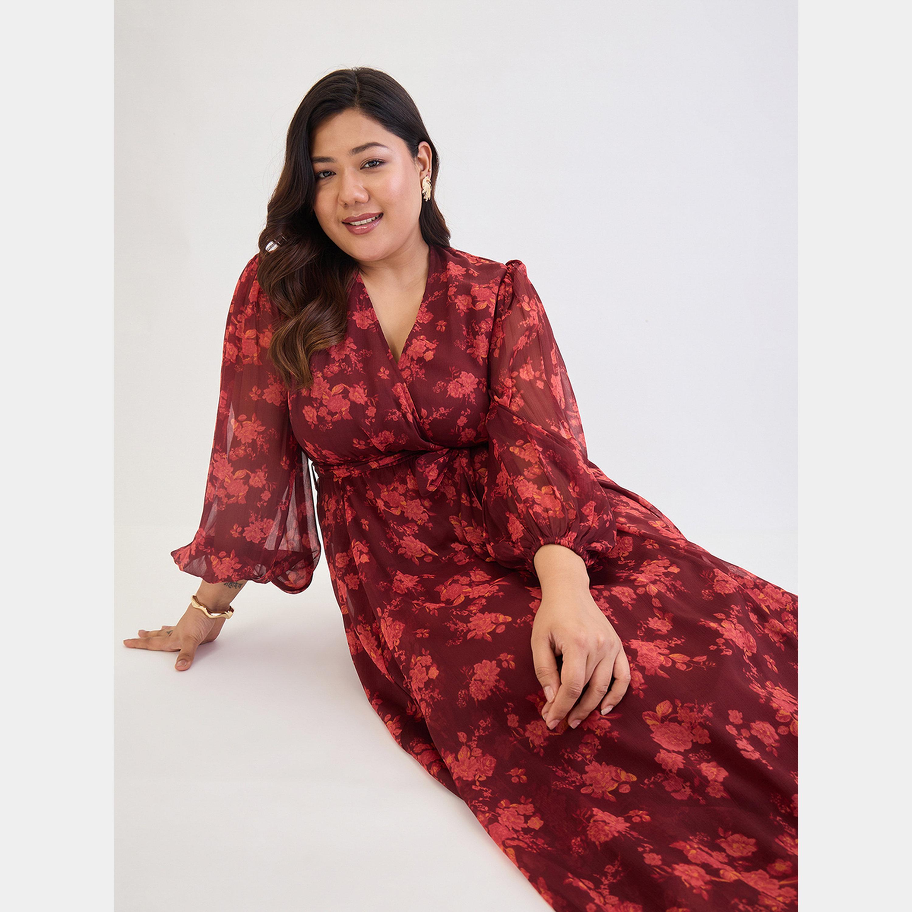 Femmella Maroon Floral Print V-Neck Long Sleeves Plus Size Women's Wrap Maxi Dress-women-clothing-dresses-image-6